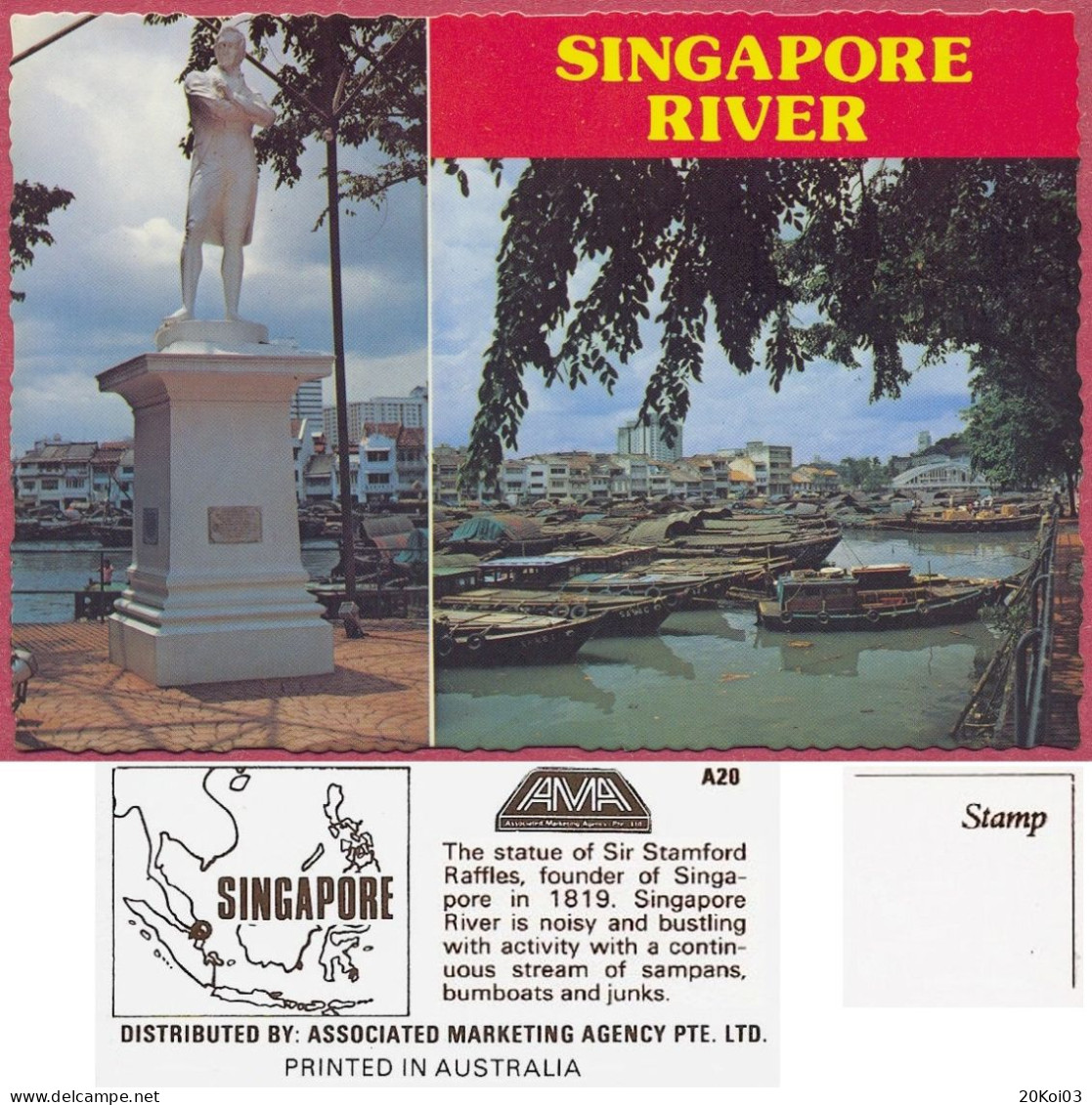 Singapore Statue Sir Stamford Raffles, RIVER (founder In 1819), +/-1975's A20 AMA , Vintage UNC_cpc - Singapour