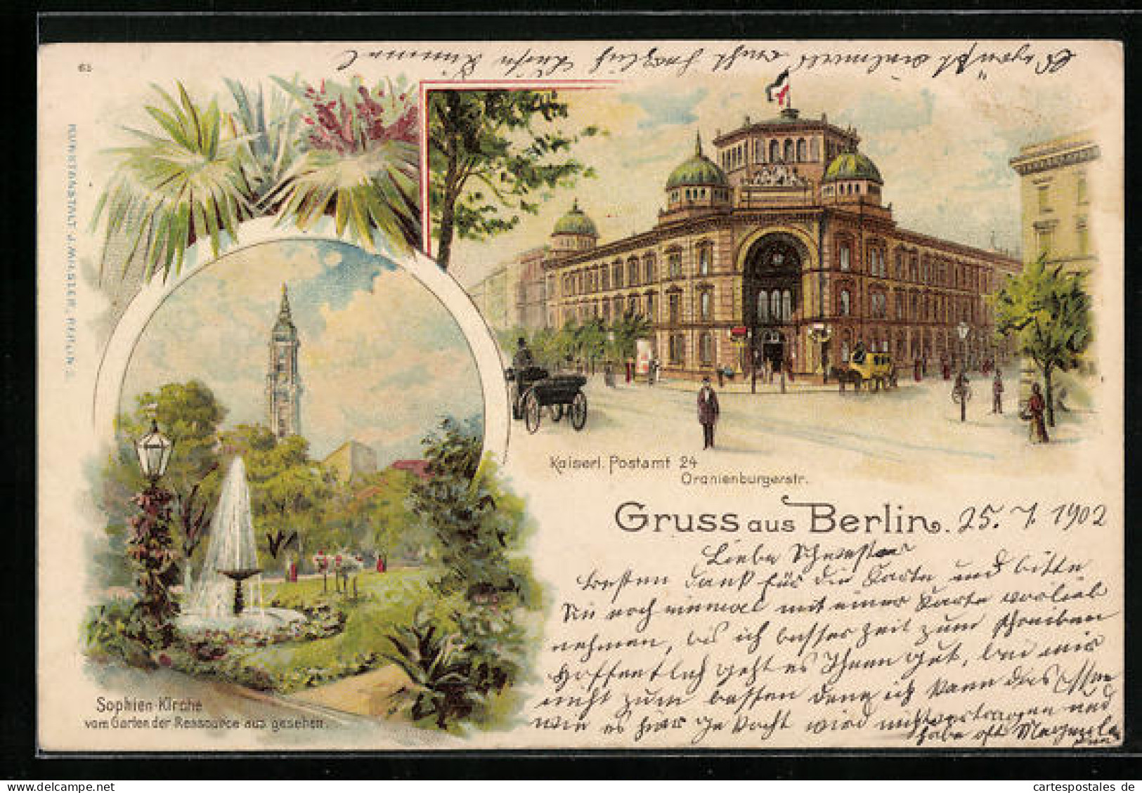 Lithographie Berlin, Oranienburgerstrasse, Kaiserl. Postamt 24, Sophien-Kirche Vom Garten Der Ressource Aus Gesehen  - Mitte