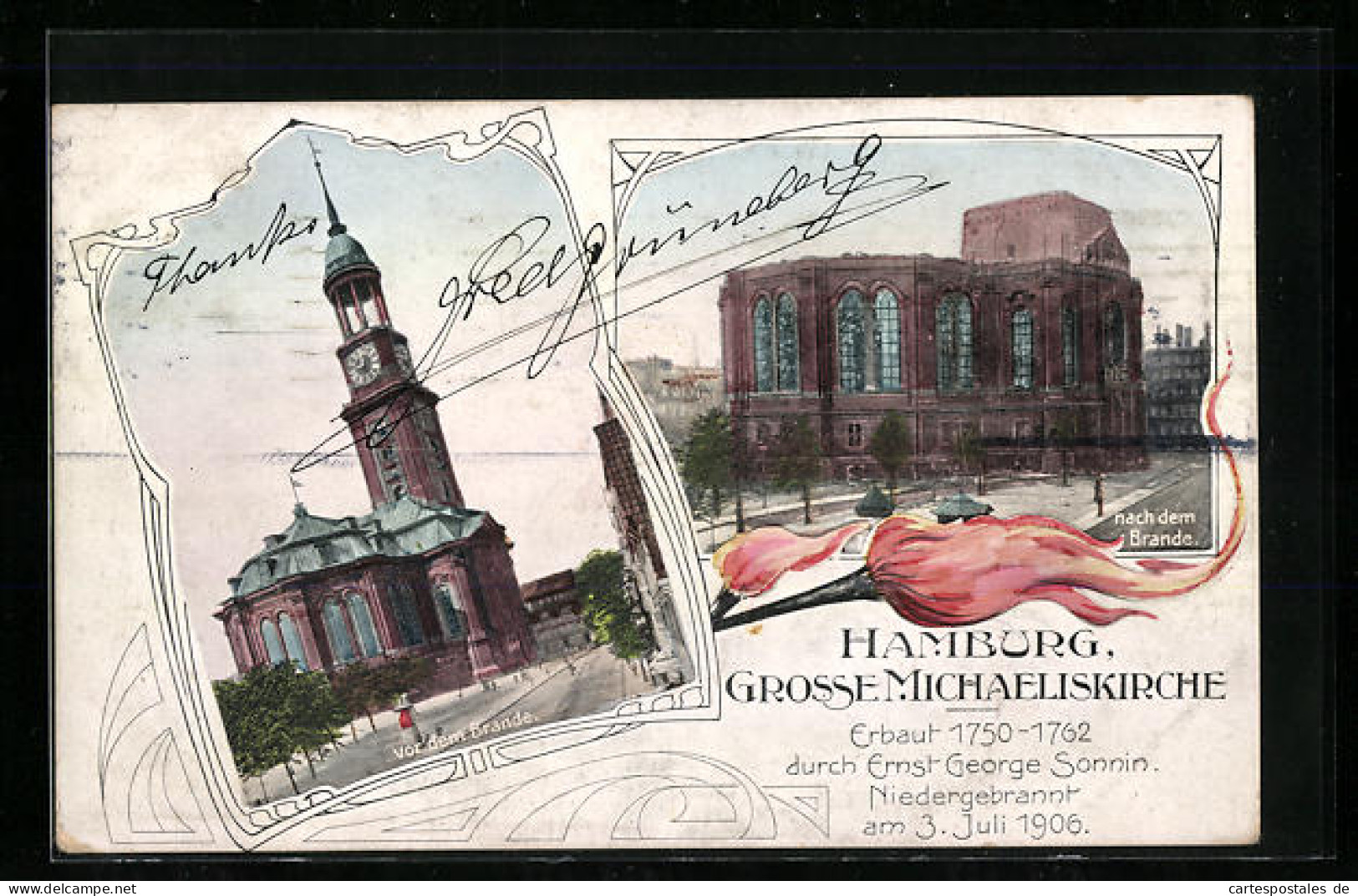 AK Hamburg, Grosse Michaeliskirche Vor Und Nach Dem Brand 1906  - Catastrofi