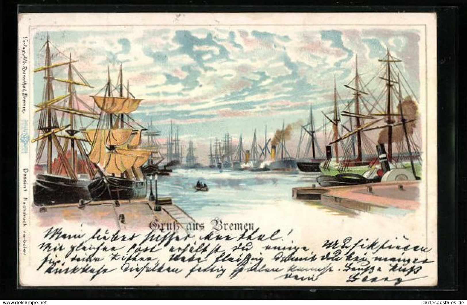 Lithographie Bremen, Hafenbild Mit Segelschiffen  - Bremen