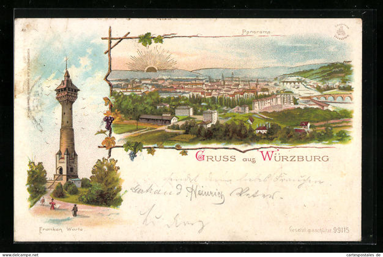 Lithographie Würzburg, Franken-Warte Und Gesamtansicht  - Wuerzburg