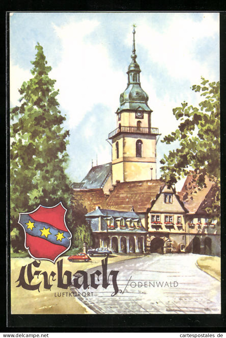 Künstler-AK Erbach I. Odenwald, Ortsansicht Mit Kirche  - Odenwald