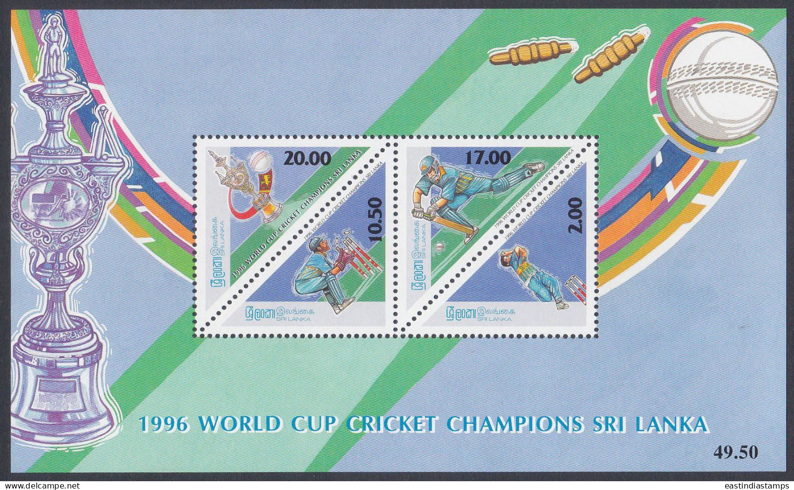 Sri Lanka Ceylon 1996 MNH MS World Cup Cricket, Sport, Sports, Ball, Trophy, Triangle, Odd-shape, Miniature Sheet - Sri Lanka (Ceilán) (1948-...)