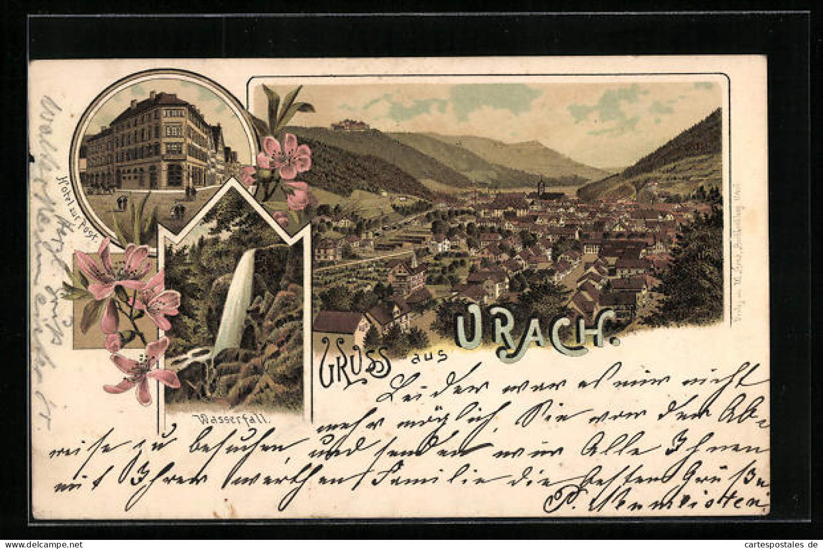 Lithographie Urach, Ortsansicht, Hotel Zur Post  - Bad Urach