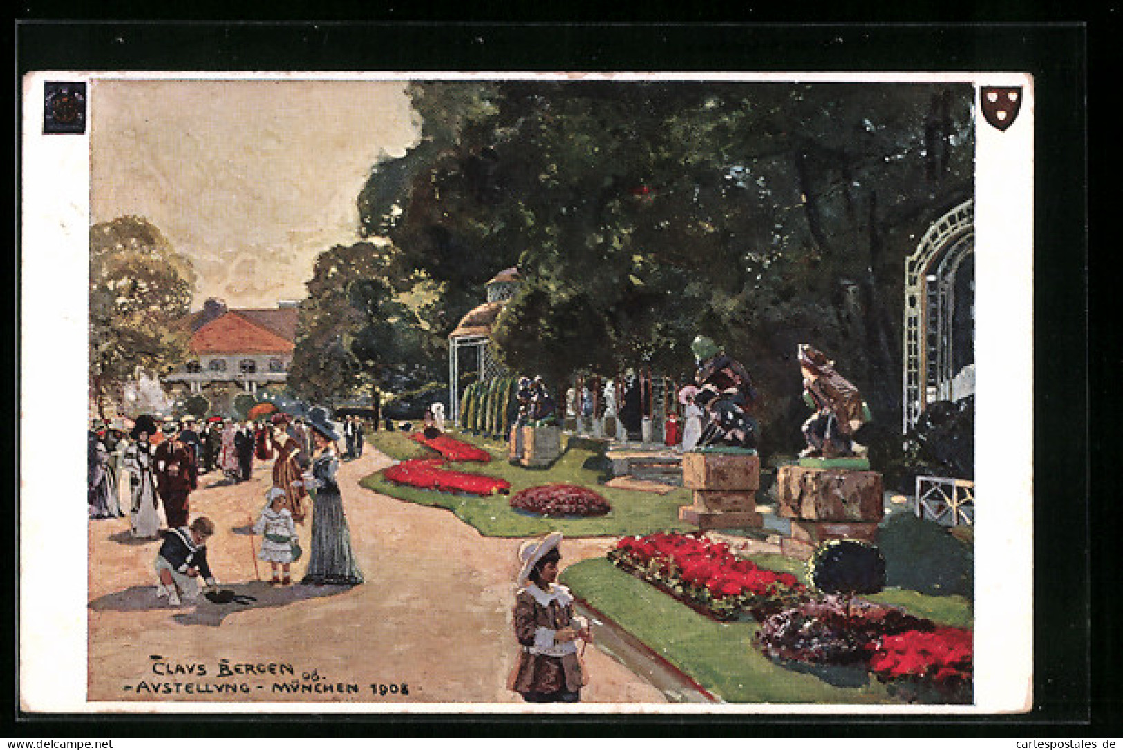 Künstler-AK München, Ausstellung 1908, Besucher Im Park Mit Anlagen Und Statuen  - Exhibitions