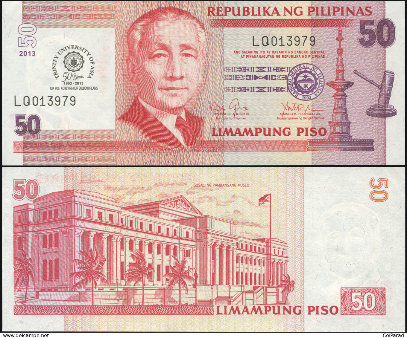 PHILIPPINES 50 PISO - 2013 - Paper Unc - P.216a Banknote - Trinity University - Filippijnen
