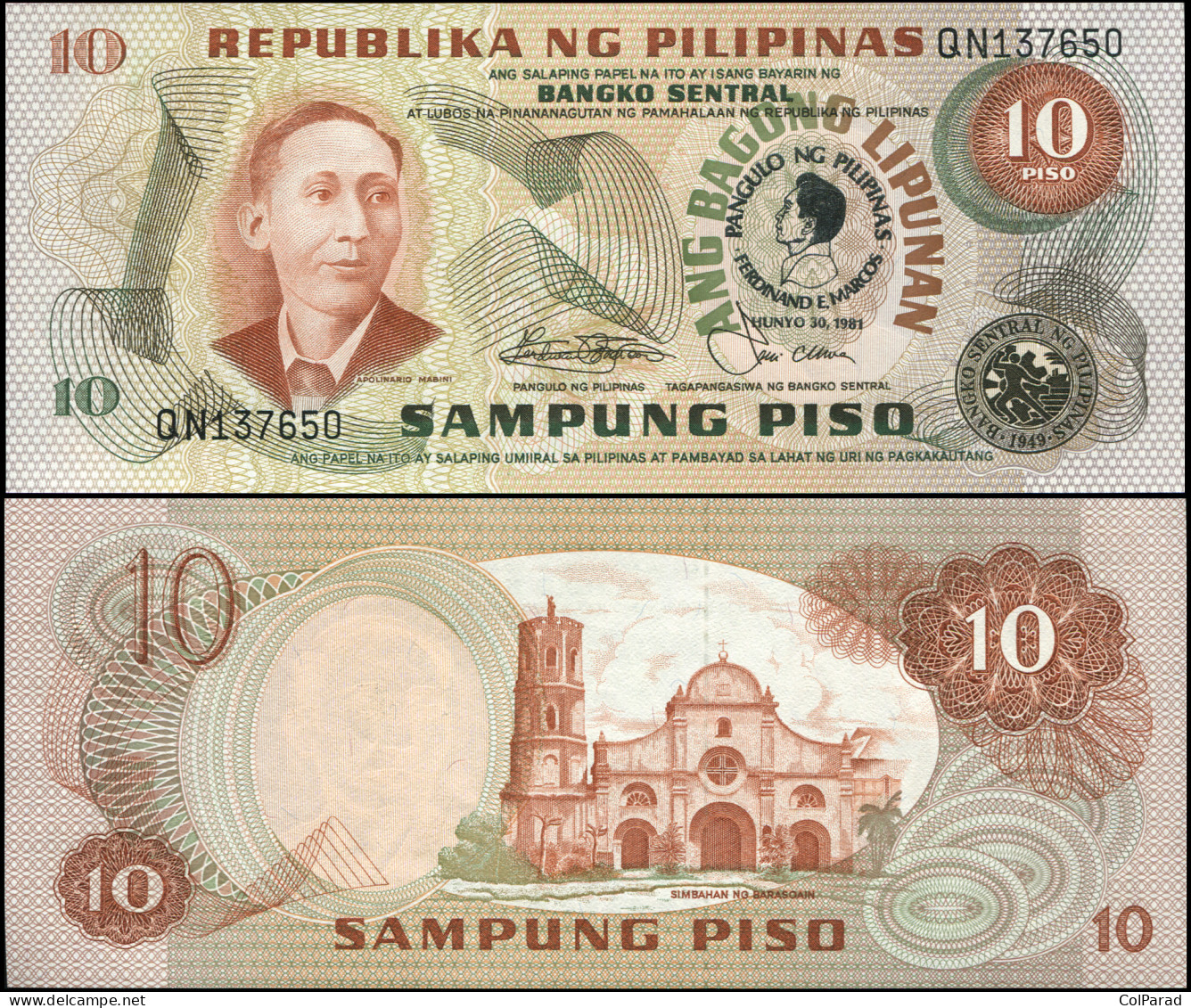 PHILIPPINES 10 PISO - 1981 - Paper Unc - P.167a Banknote - Ferdinand Marcos - Filippijnen