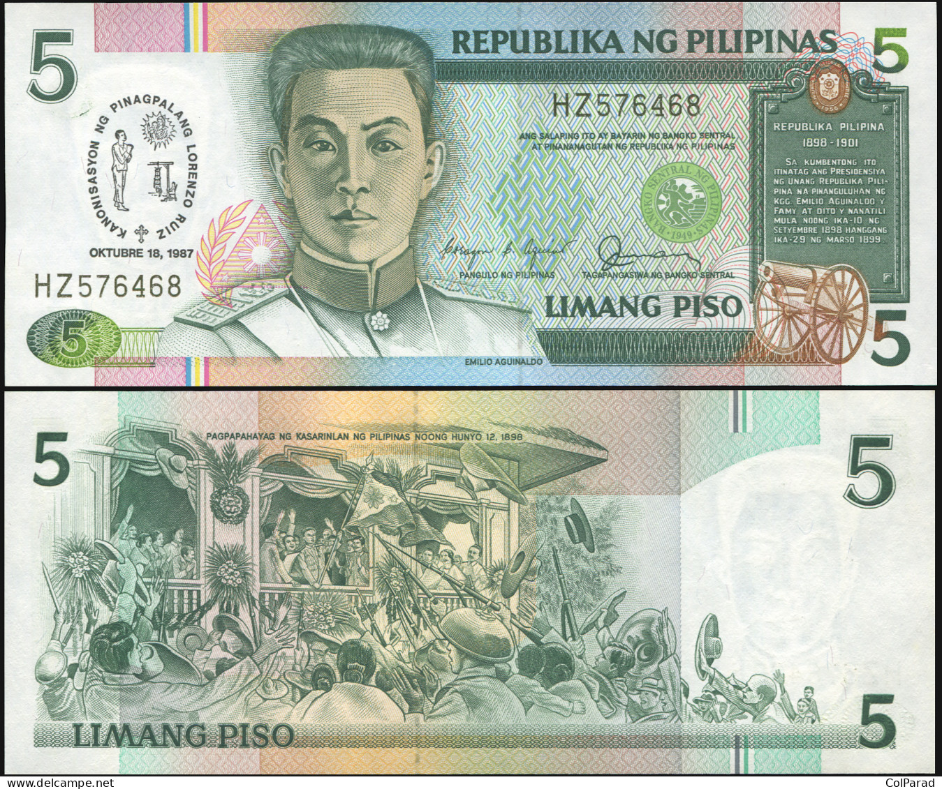 PHILIPPINES 5 PISO - 1987 - Unc - P.176a Banknote - Canonization Of Lorenzo Ruiz - Philippines