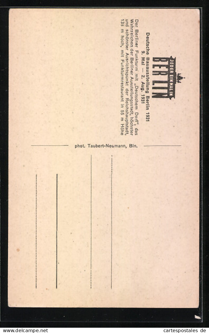 AK Berlin-Charlottenburg, Funkturm Mit Restaurant, Deutsche Bauausstellung 1931  - Exposiciones