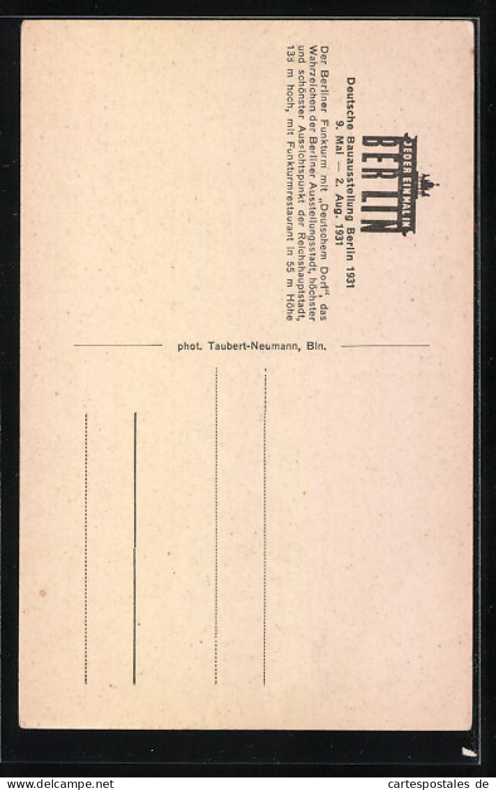 AK Berlin-Charlottenburg, Funkturm Mit Restaurant, Deutsche Bauausstellung 1931  - Exhibitions