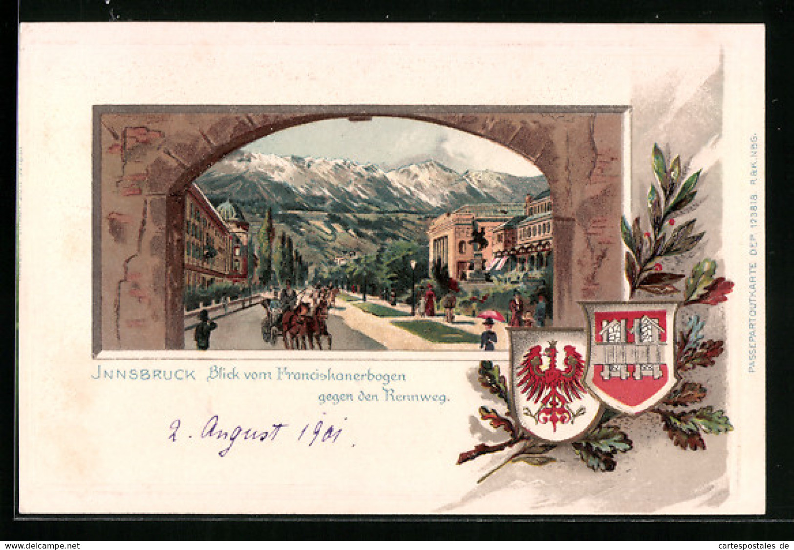 Präge-Lithographie Innsbruck, Blick Vom Franciskanerbogen Gegen Den Rennweg, Wappen  - Altri & Non Classificati