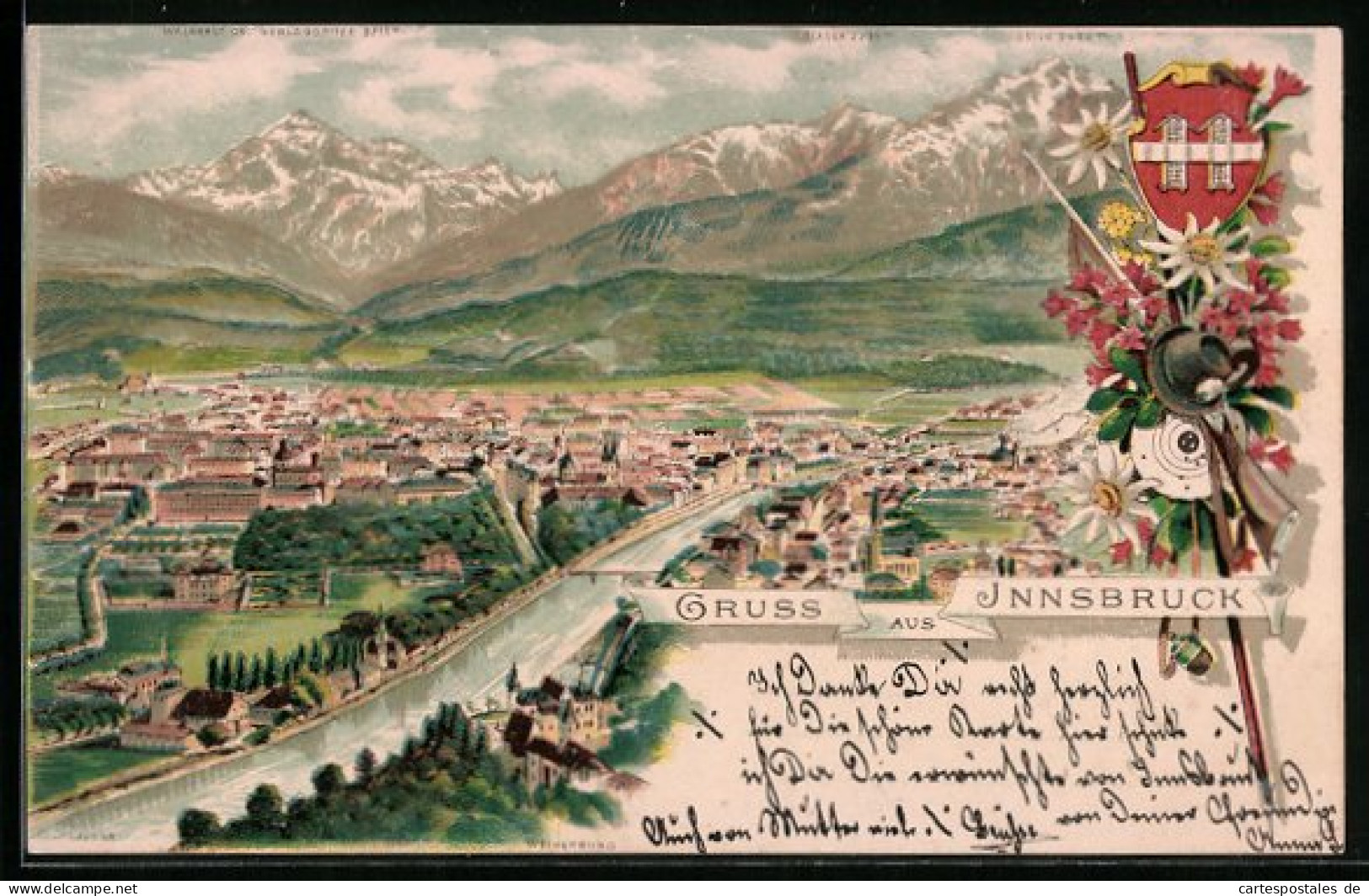 Lithographie Innsbruck, Gesamtansicht Aus Der Vogelschau, Wappen  - Altri & Non Classificati