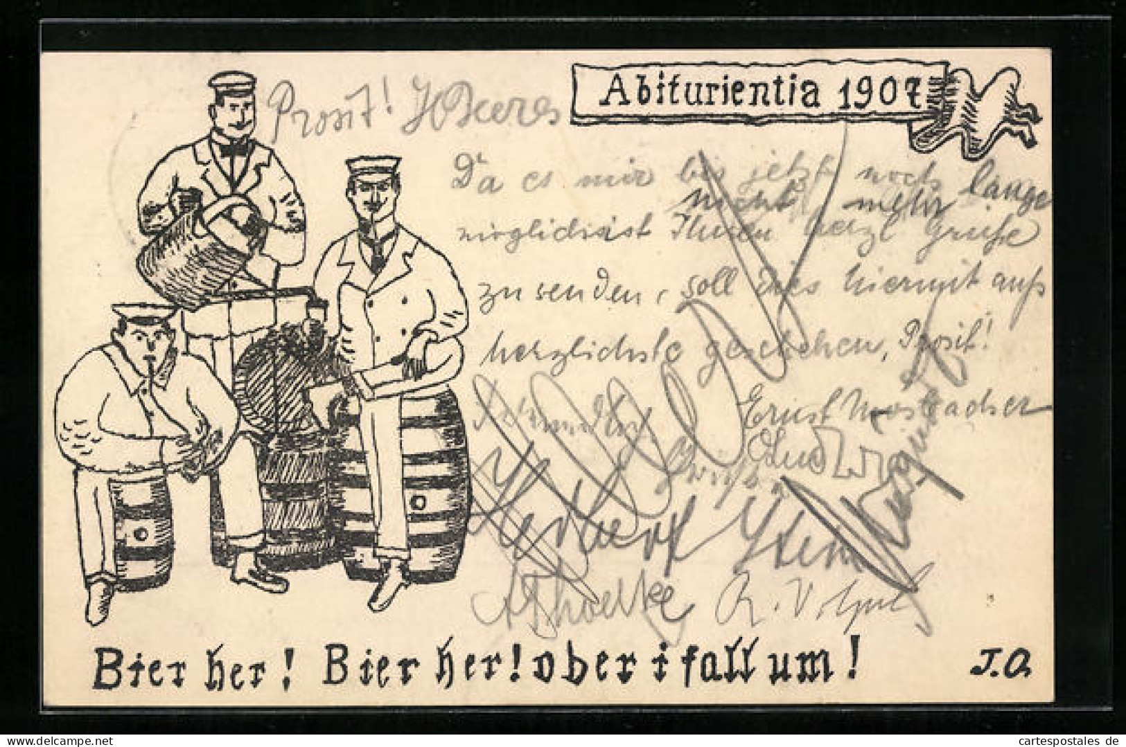 Künstler-AK Studenten Mit Fässern, Abiturientia 1907, Absolvia  - Sonstige & Ohne Zuordnung