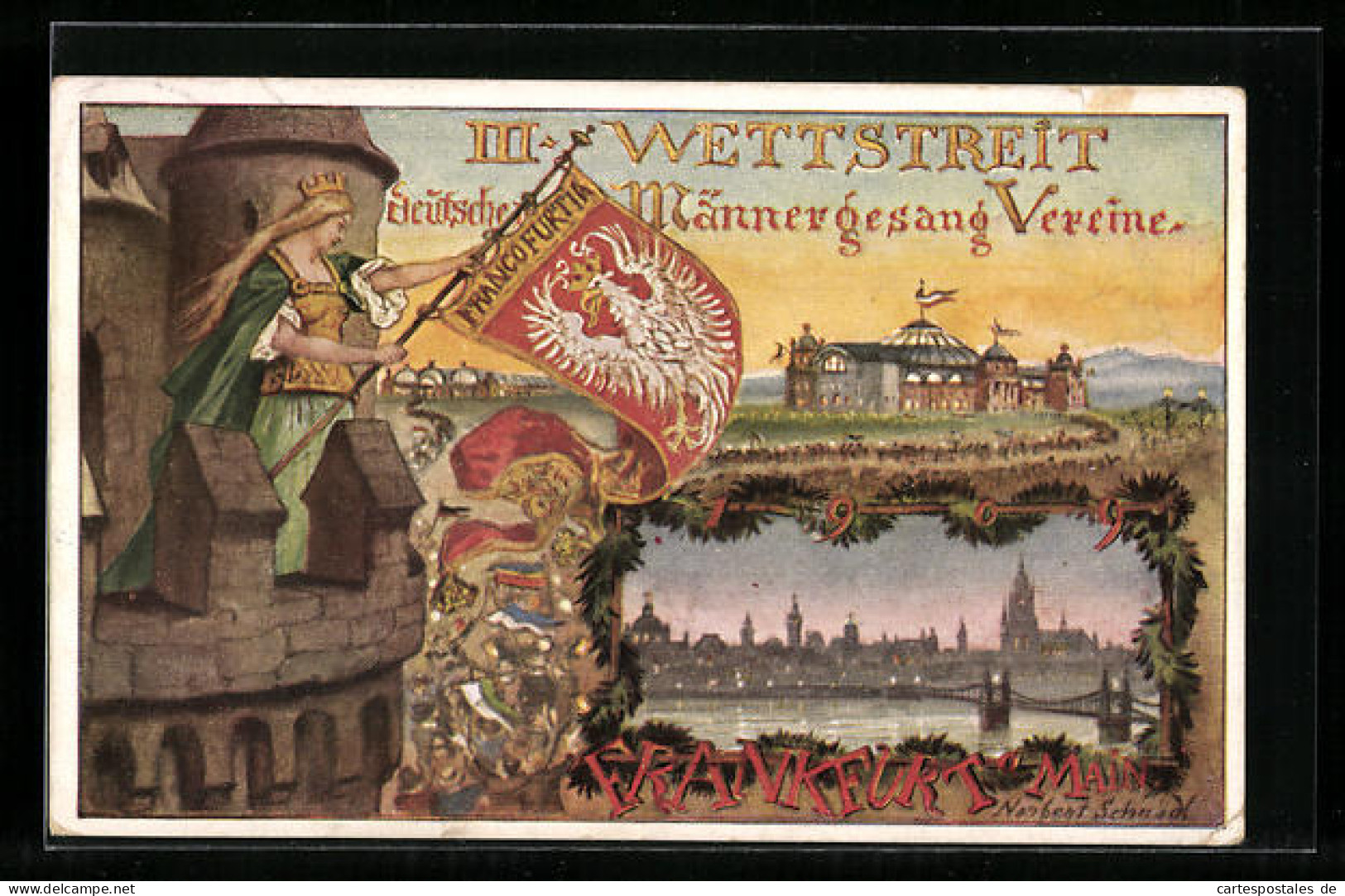 Künstler-AK Frankfurt A. M., III. Wettstreit Deutscher Männergesang Vereine 1909, Germania Mit Standarte Francofurtia  - Sonstige & Ohne Zuordnung