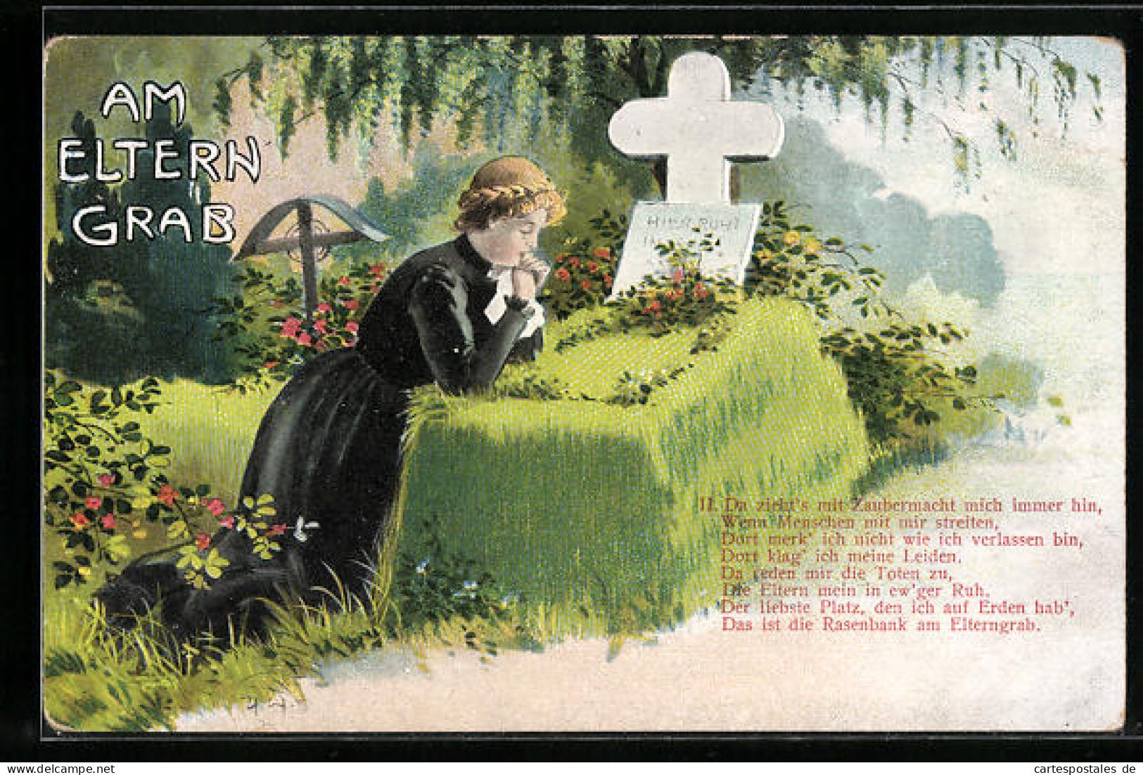 AK Trauernde Junge Frau Am Elterngrab  - Begrafenis