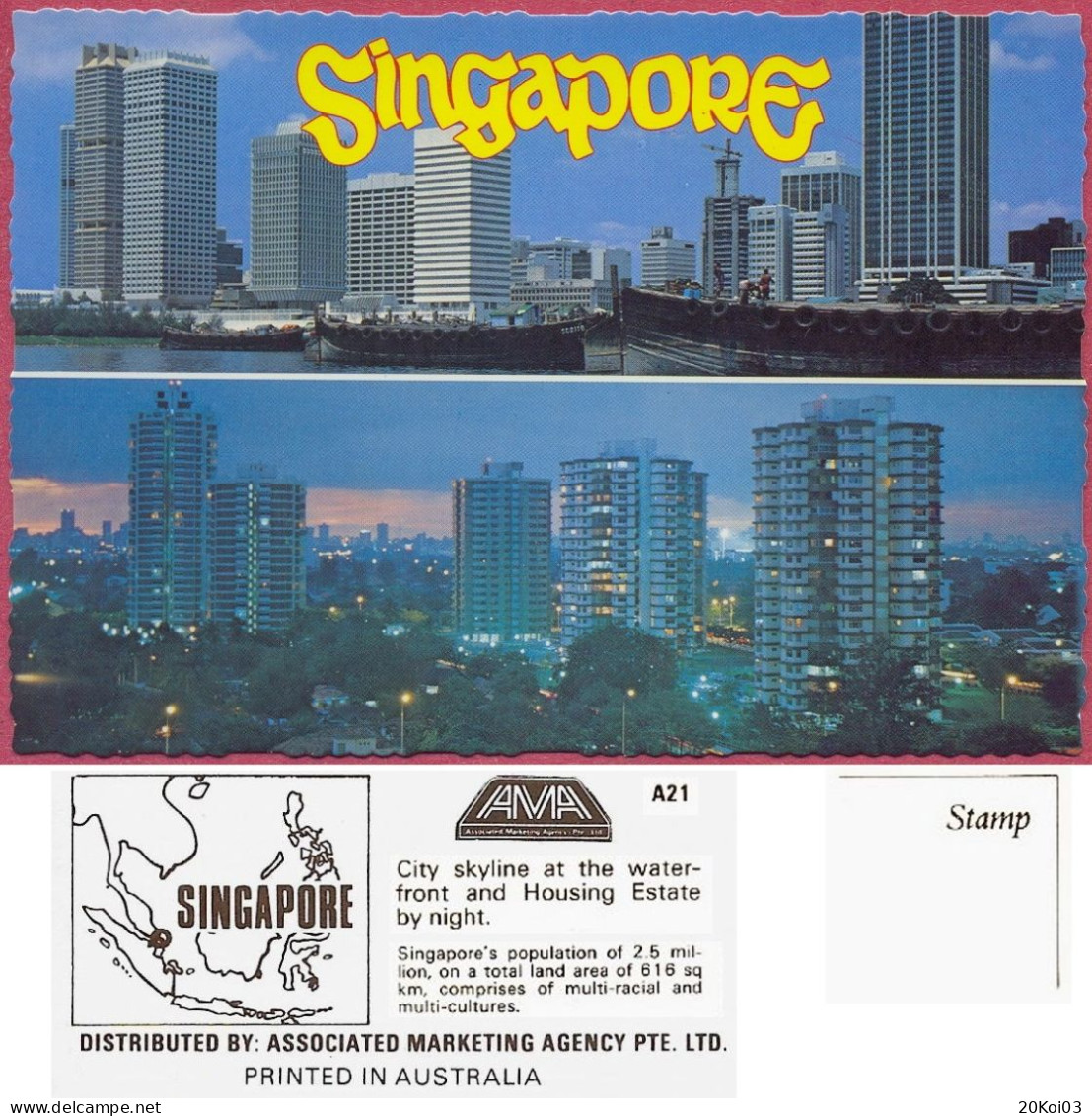 Singapore City Skyline And Housing Estate By Night, At Dusk, +/-1975's A21 AMA, Vintage UNC_cpc - Singapur
