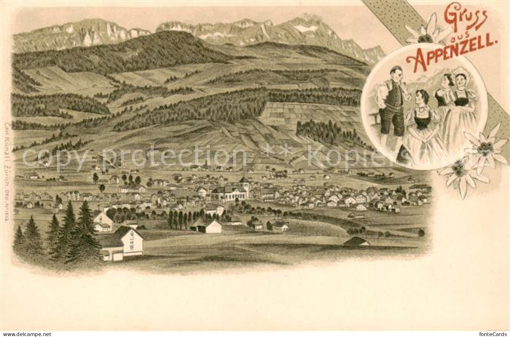 13798825 Appenzell IR Gesamtansicht Mit Alpenpanorama Litho Appenzell IR - Autres & Non Classés