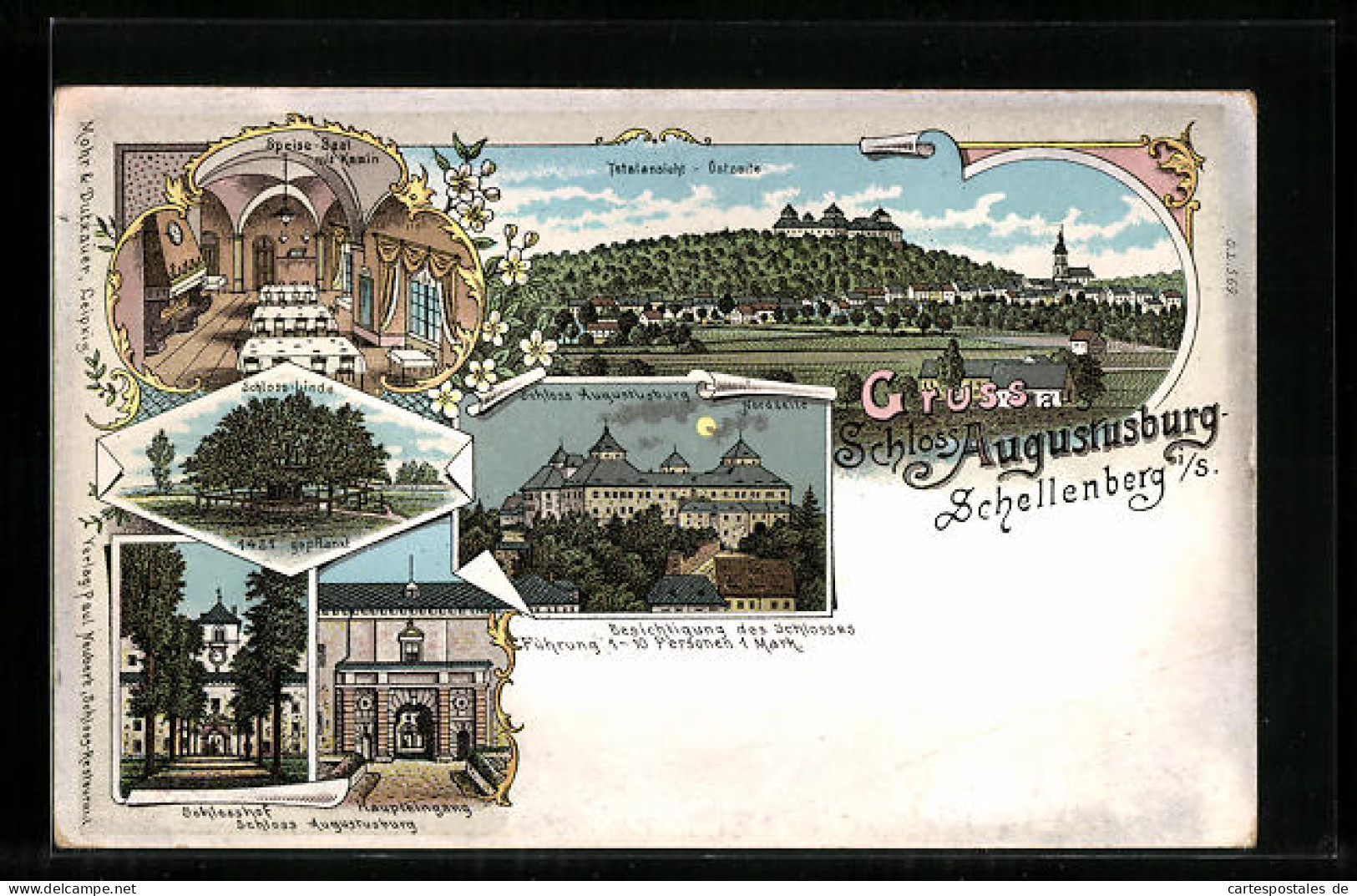 Lithographie Augustusburg I. S., Schloss Augustusburg, Totalansicht, Schloss-Linde  - Augustusburg