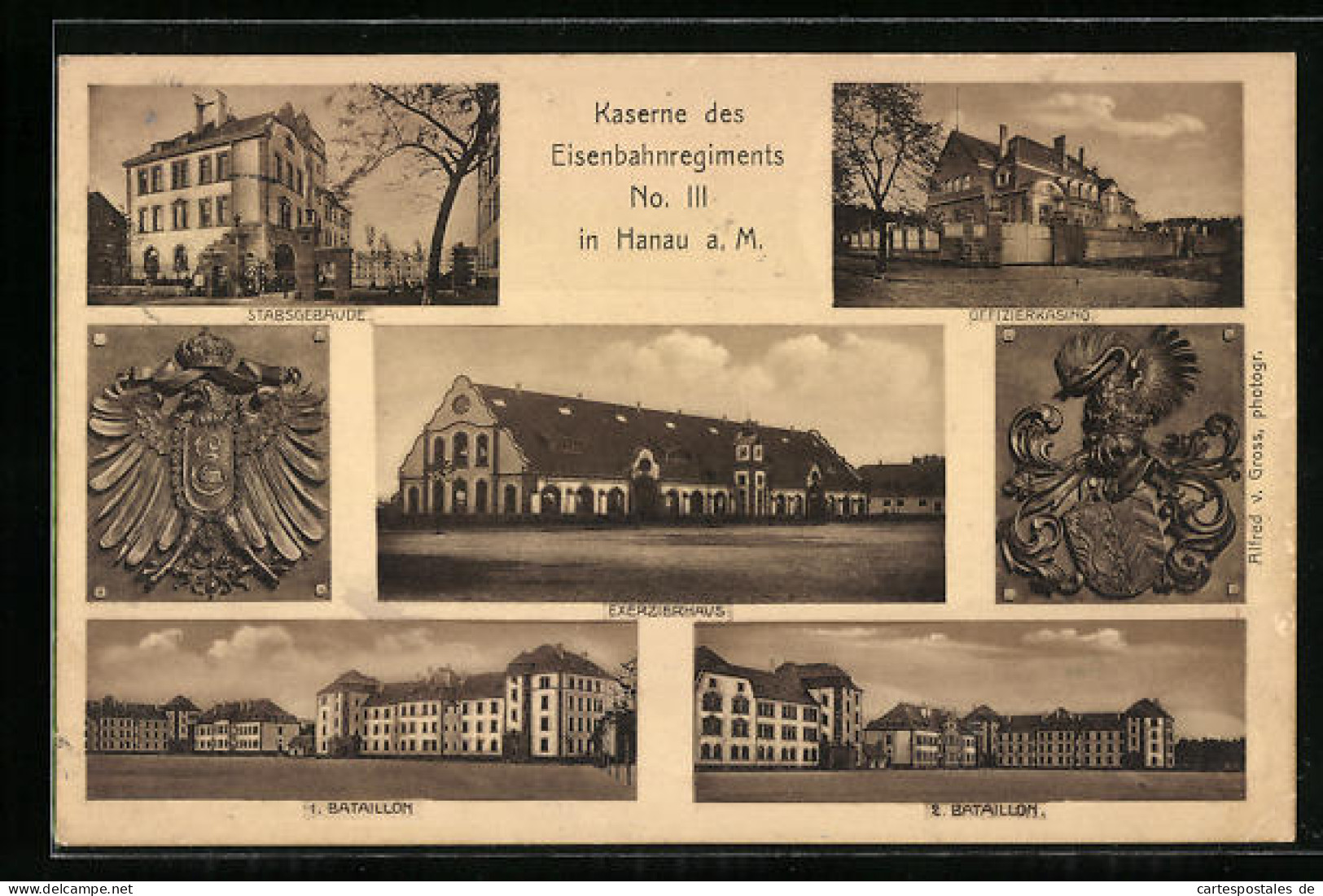 AK Hanau A. M., Kaserne Des Eisenbahnregiments No. III, Stabsgebäude, Wappen, Offizierskasino  - Hanau