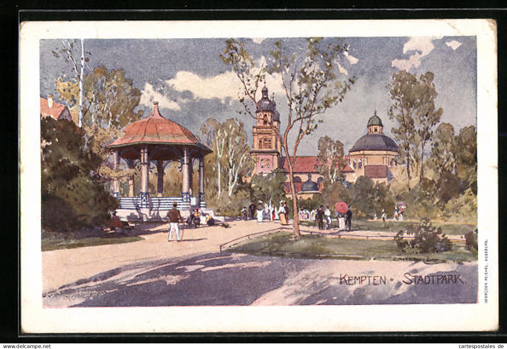 AK Kempten, Stadtpark Mit Pavillon Und Blick Auf Kirche  - Kempten