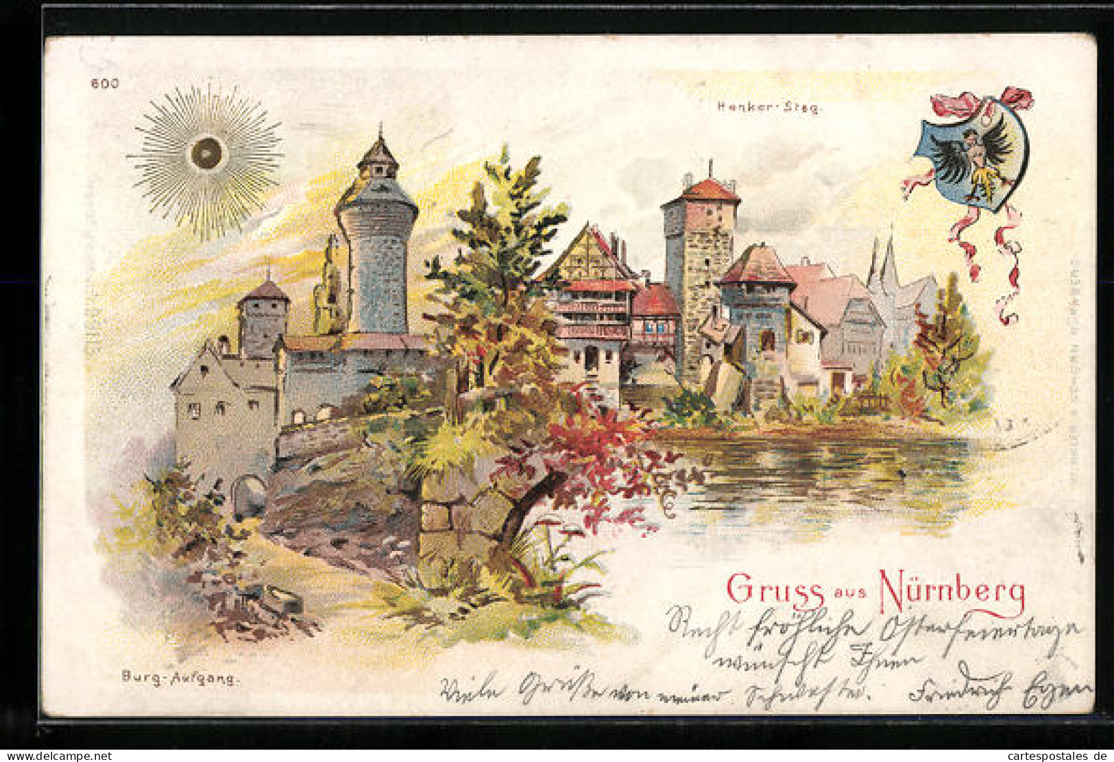 Lithographie Nürnberg, Henker Steg Und Burg Aufgang Bei Sonnenschein, Wappen  - Nuernberg