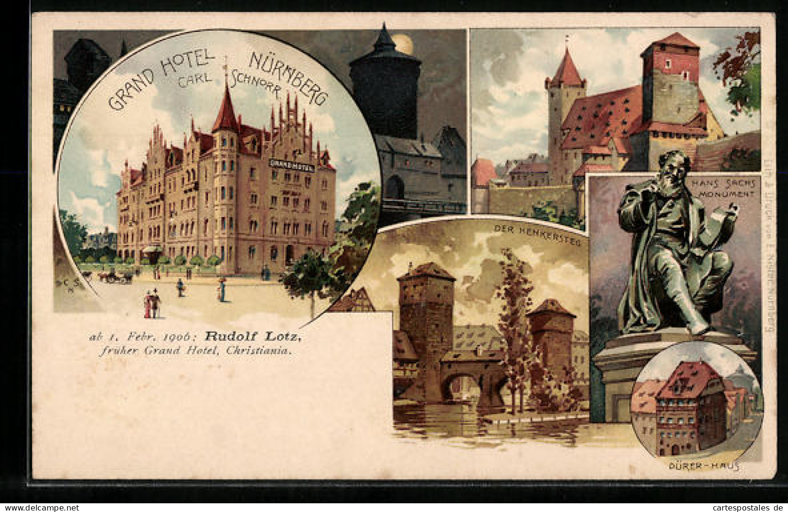 Lithographie Nürnberg, Grand Hotel, Henkersteg, Hans Sachs Denkmal, Dürer Haus  - Nuernberg