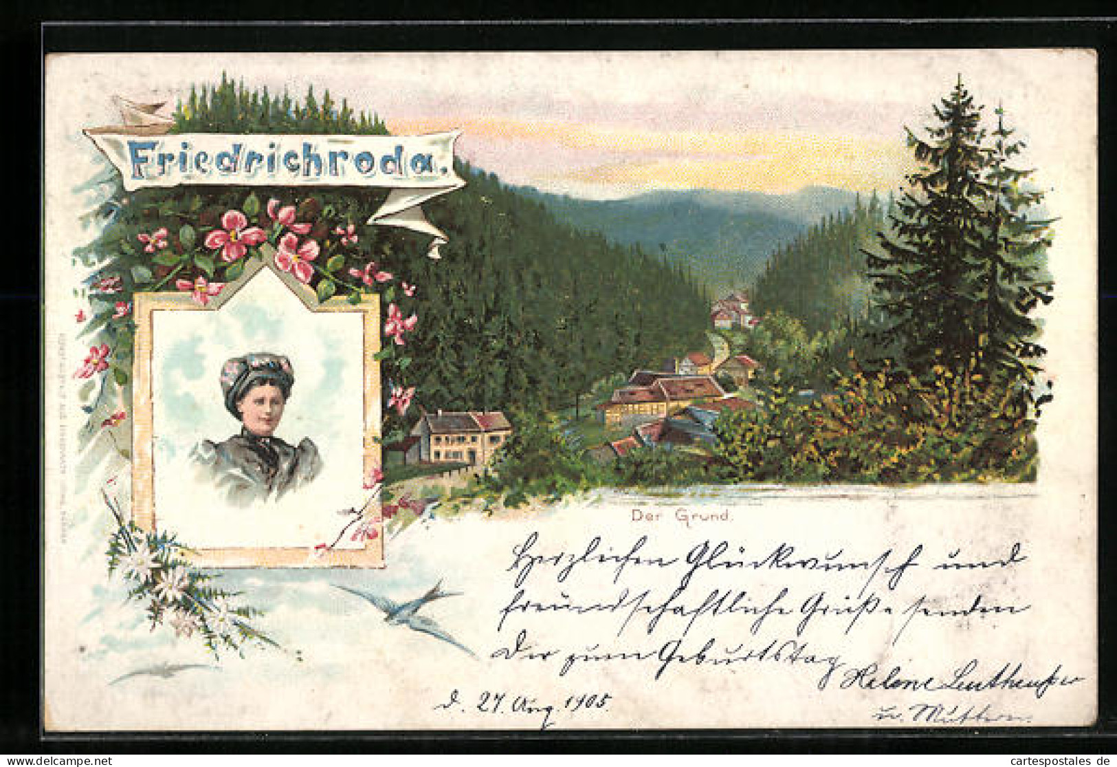 Lithographie Friedrichroda, Blick In Den Grund, Frau In Tracht  - Friedrichroda