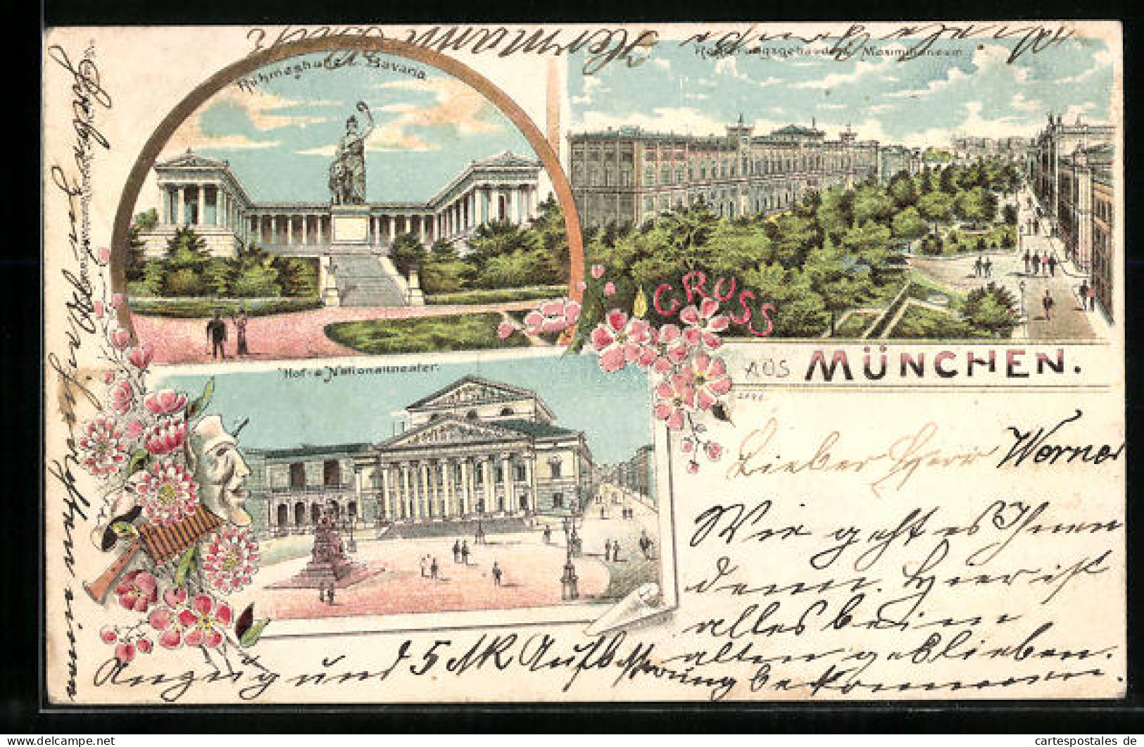 Lithographie München, Hof- & Nationaltheater, Ruhmeshalle Mit Bavarie, Regierungsgebäude  - Théâtre