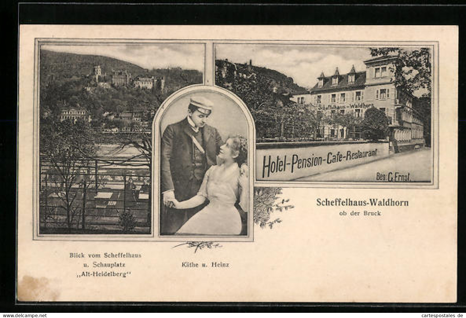 AK Heidelberg, Blick Vom Scheffelhaus Und Schauplatz, Scheffelhaus Waldhorn, Käthe U. Heinz  - Heidelberg
