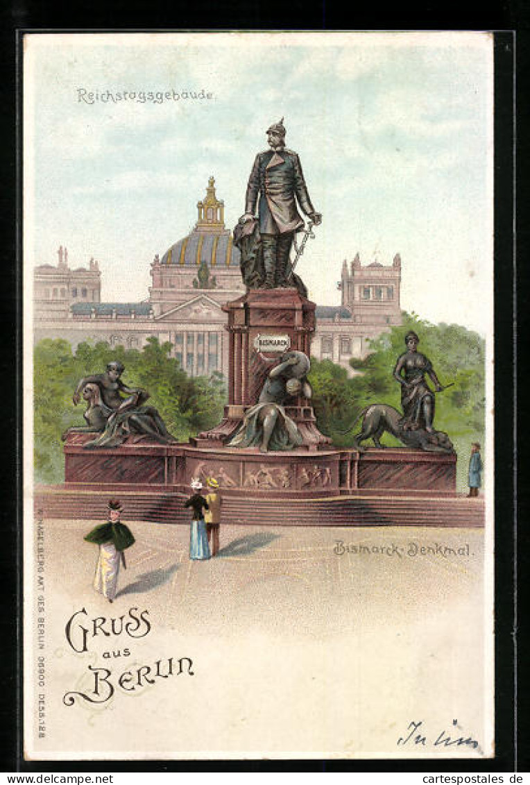 Lithographie Berlin, Bismarck-Denkmal Vor Reichstags-Silhouette  - Tiergarten