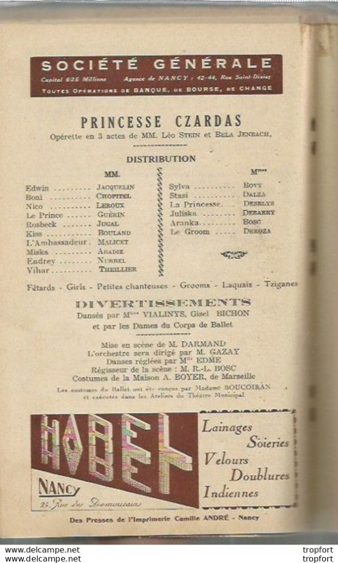 CA / Vintage / Old French Theater Program 1931 // Programme Théâtre NANCY // Princesse CZARDAS // Publicité VOITURE - Programmes