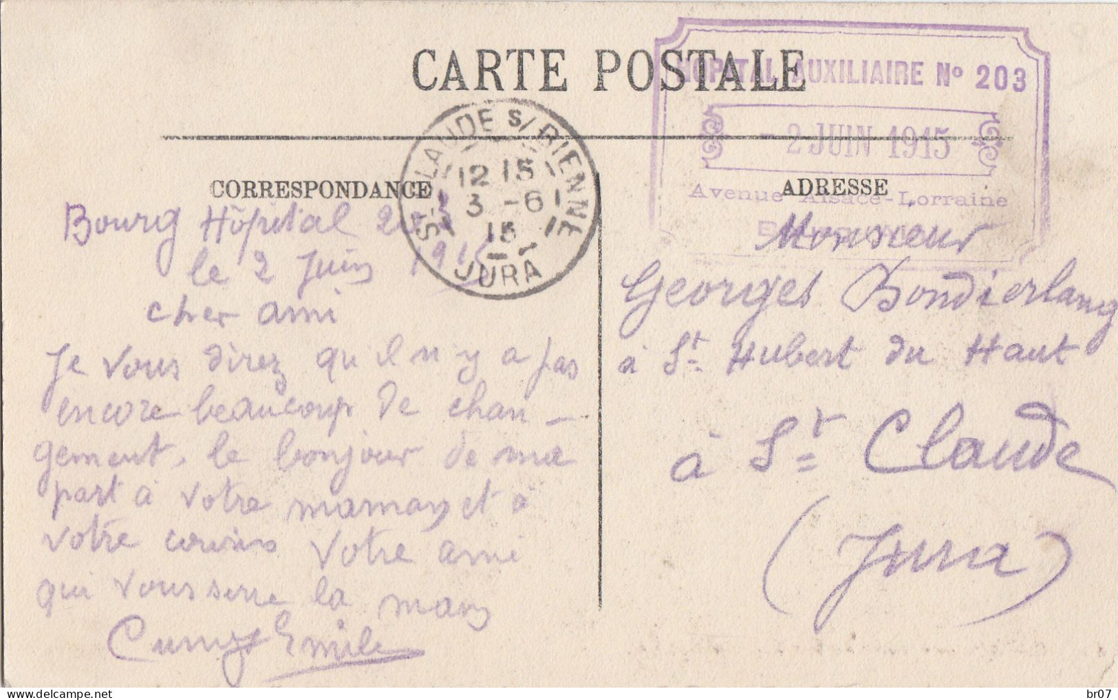 AIN CP 1915 BOURG HOPITAL AUXILIAIRE N° 203 - Oorlog 1914-18