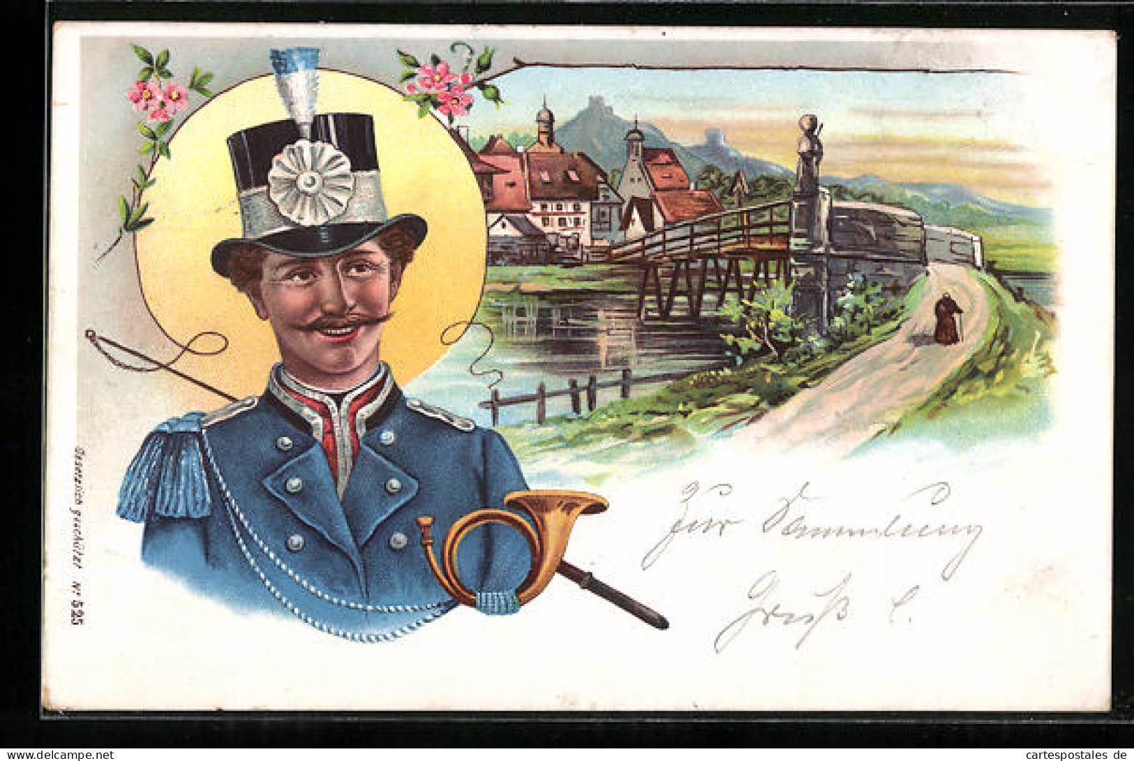 Lithographie Postillon Mit Horn, Weg Mit Blick Auf Kleinen Ort, Brief  - Postal Services