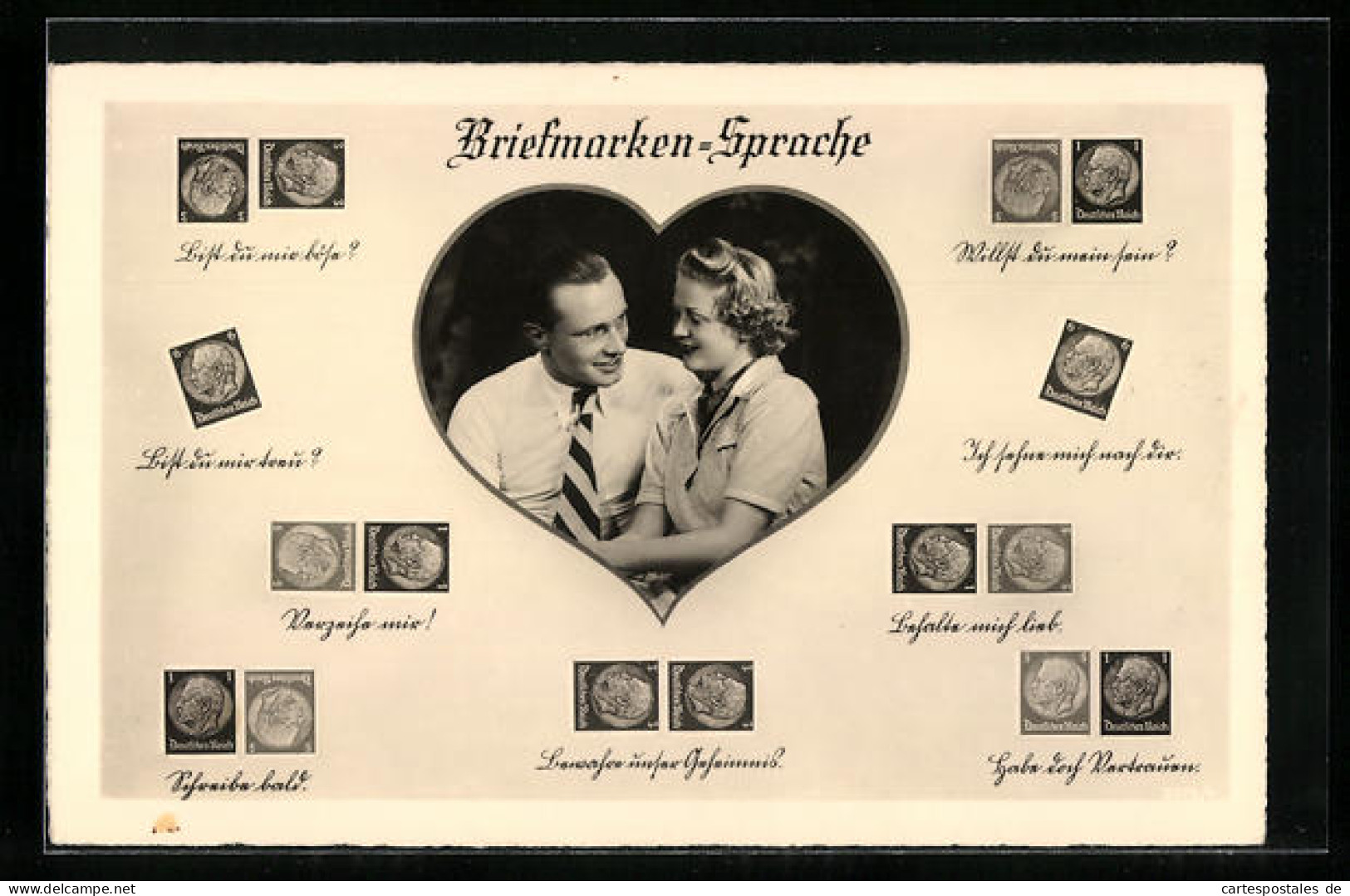 AK Briefmarkensprache, Briefmarken Des Deutschen Reiches Und Deren Bedeutung, Liebespaar In Einem Herz  - Briefmarken (Abbildungen)