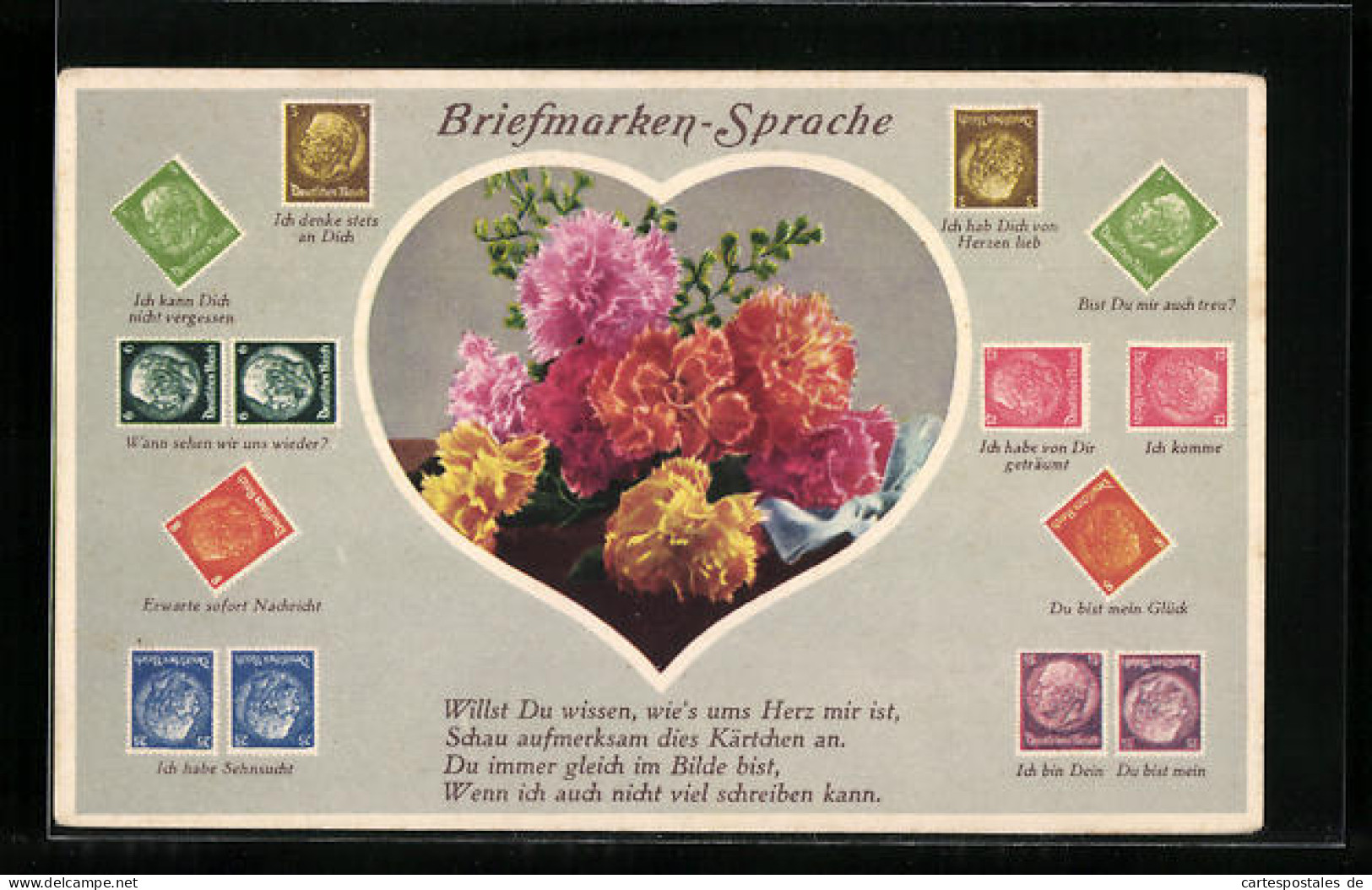 AK Briefmarkensprache, Ich Denke Stets An Dich, Ich Komme, Du Bist Mein Glück, Nelken Im Herz  - Stamps (pictures)