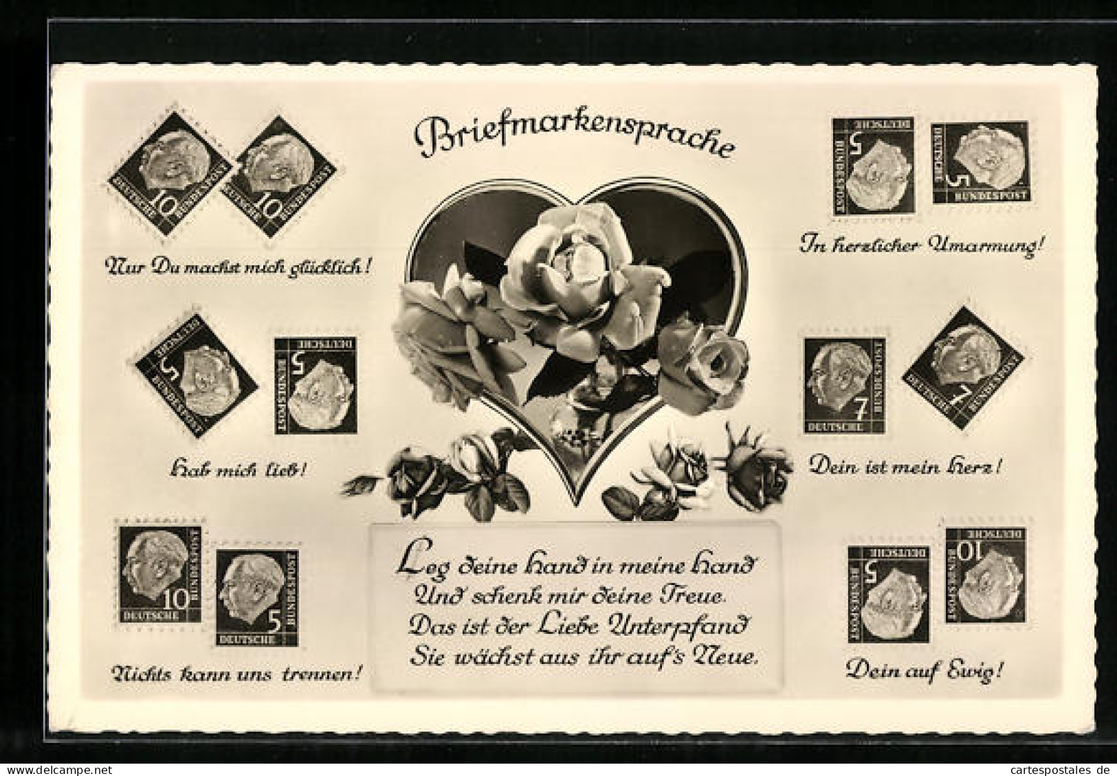 AK Briefmarkensprache, Nur Du Machst Mich Glücklich!, Rosen  - Stamps (pictures)