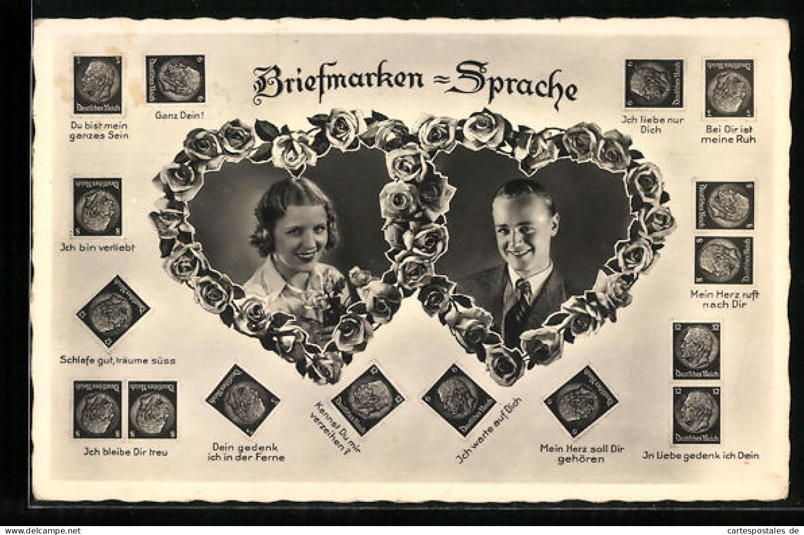 AK Briefmarkensprache, Ich Liebe Nur Dich, Herzmotive  - Briefmarken (Abbildungen)