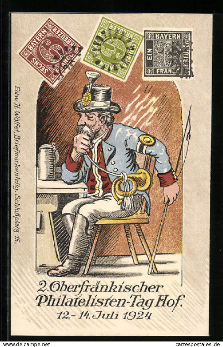 AK Hof, 2. Oberfränk. Philatelisten-Tag 1924, Postbote Mit Horn Zu Tisch, Briefmarken  - Briefmarken (Abbildungen)