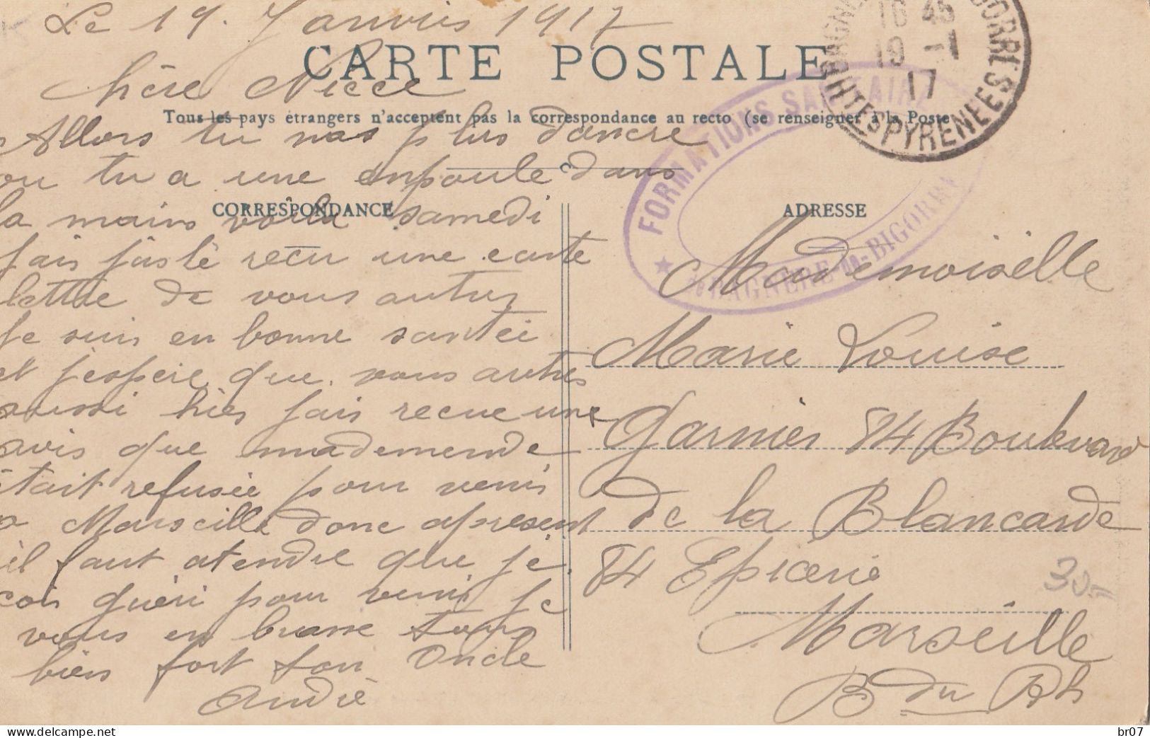 HAUTES PYRENEES CP 1917 BAGNERES DE BIGORRE FM FORMATION SANITAIRE DE BAGNIERES DE BIGORRE ( HOPITAL ) - 1. Weltkrieg 1914-1918