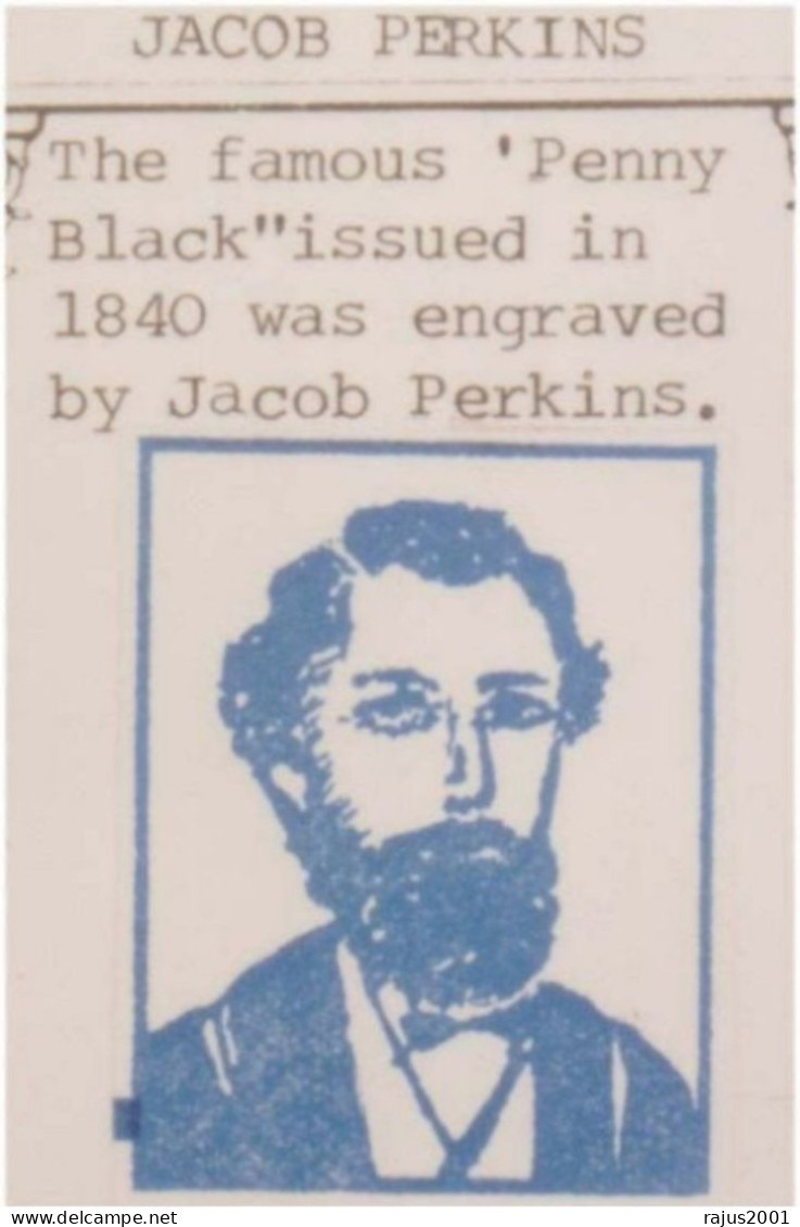 JACOB PERKINS Famous PENNY BLACK Engraved By JACOB PERKINS, Member Of St. Peter's Lodge Freemasonry, Masonic Cover - Franc-Maçonnerie