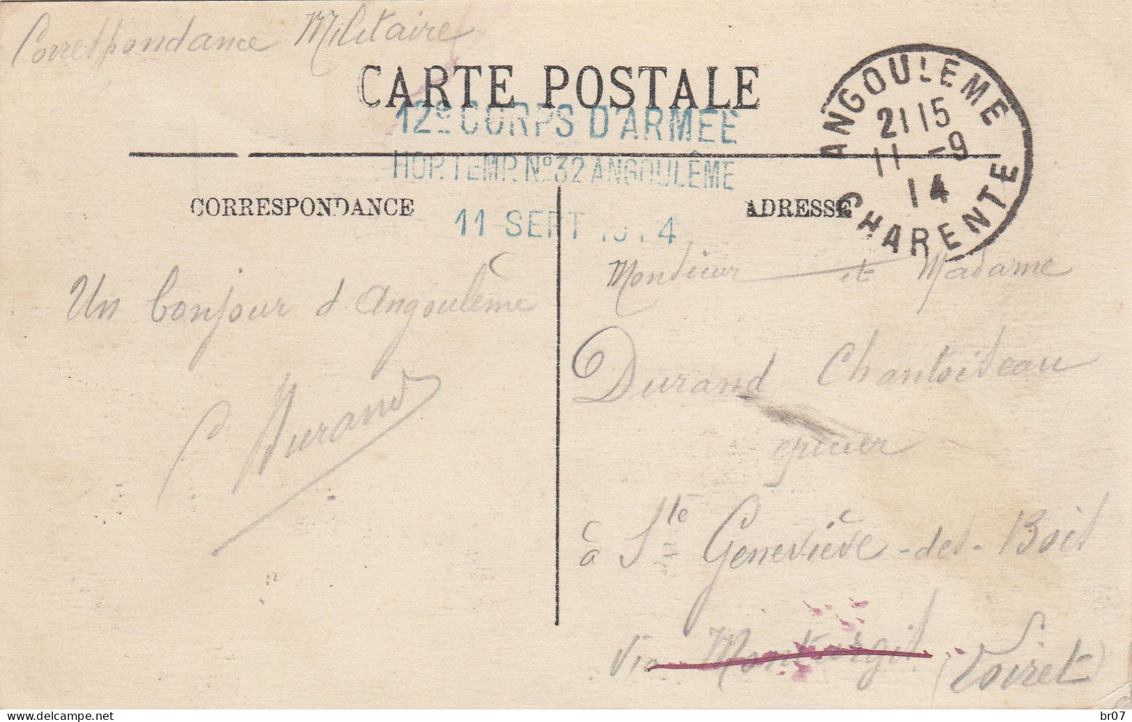 CHARENTE CP 1914 ANGOULEME FM " 12° CORPS D'ARMEE / HOP.TEMP.N°32 ANGOULEME / 11 SEPT 1914 " HOPITAL MILITAIRE - Oorlog 1914-18