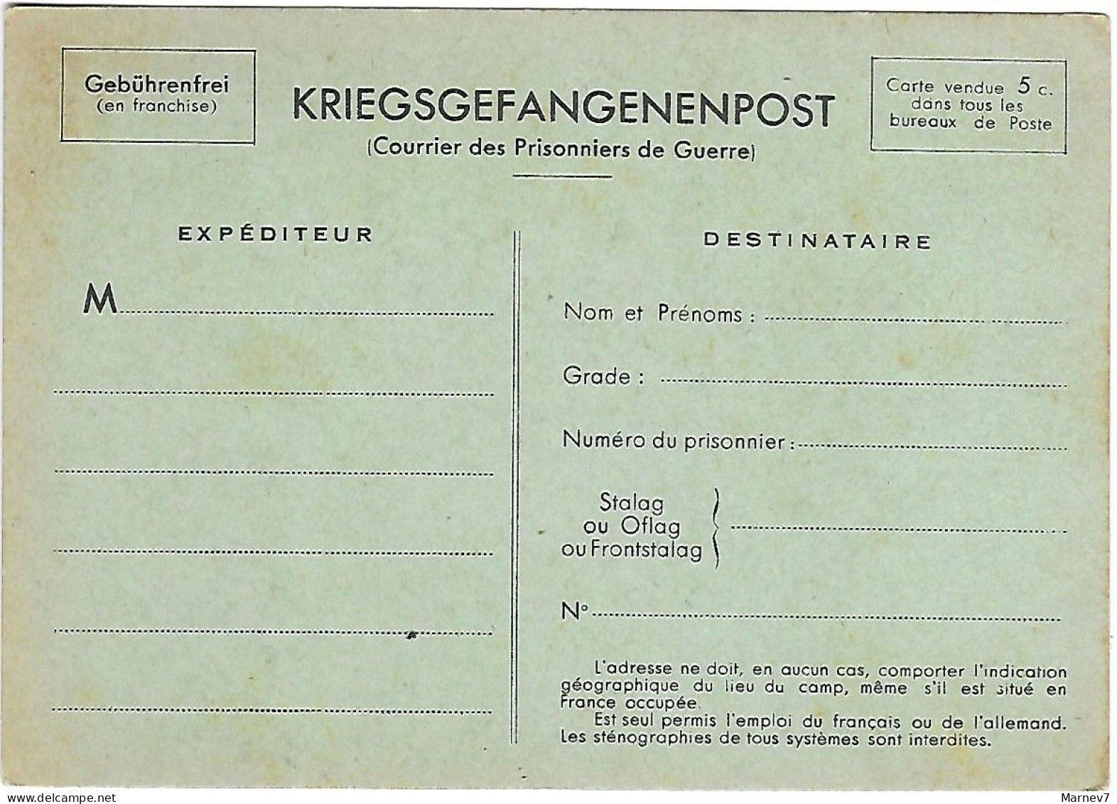 Carte Postale Militaire - Guerre 1939-1945 - Courrier Des Prisonniers - Kriegsgefangenenpost - En Franchise - Poste - Brieven En Documenten