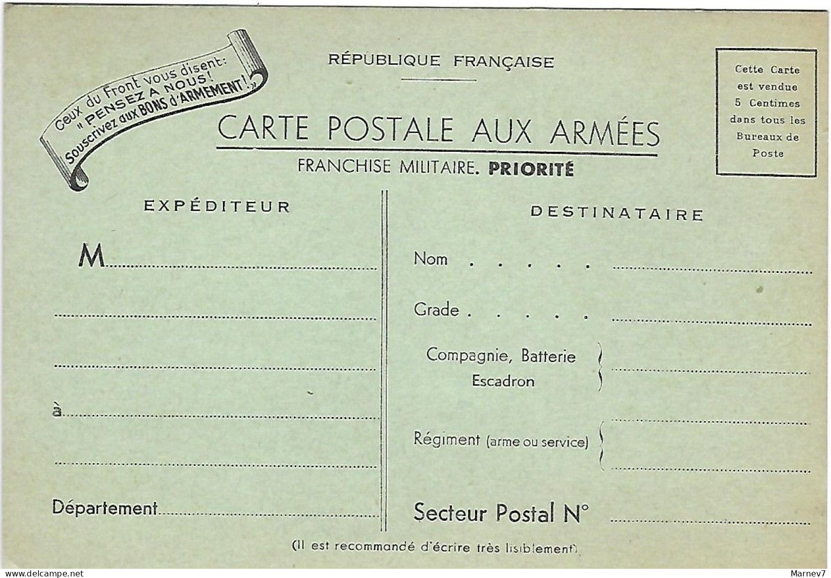 Carte Postale Militaire - Guerre 1939-1945 - Aux Armées - Franchise - Pensez à Nous Souscrivez Aux Bons D'Armement Front - Covers & Documents