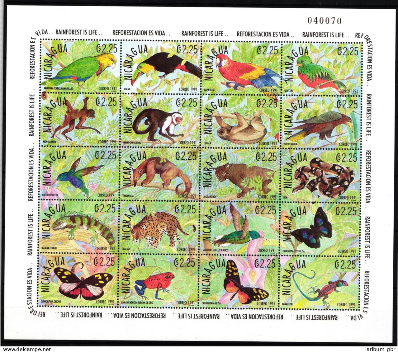 Nicaragua 3089-3108 Postfrisch Zusammendruckbogen / Wildtiere #IH155 - Nicaragua