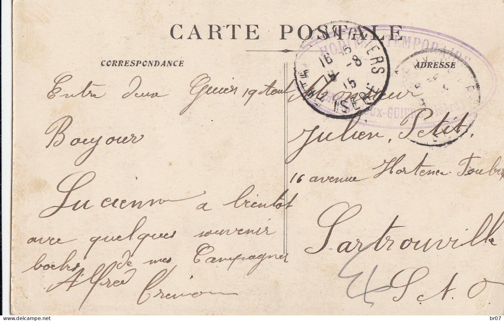 ISERE CP 1915 ENTRE DEUX GUIERS HOPITAL TEMPORAIRE - WW I