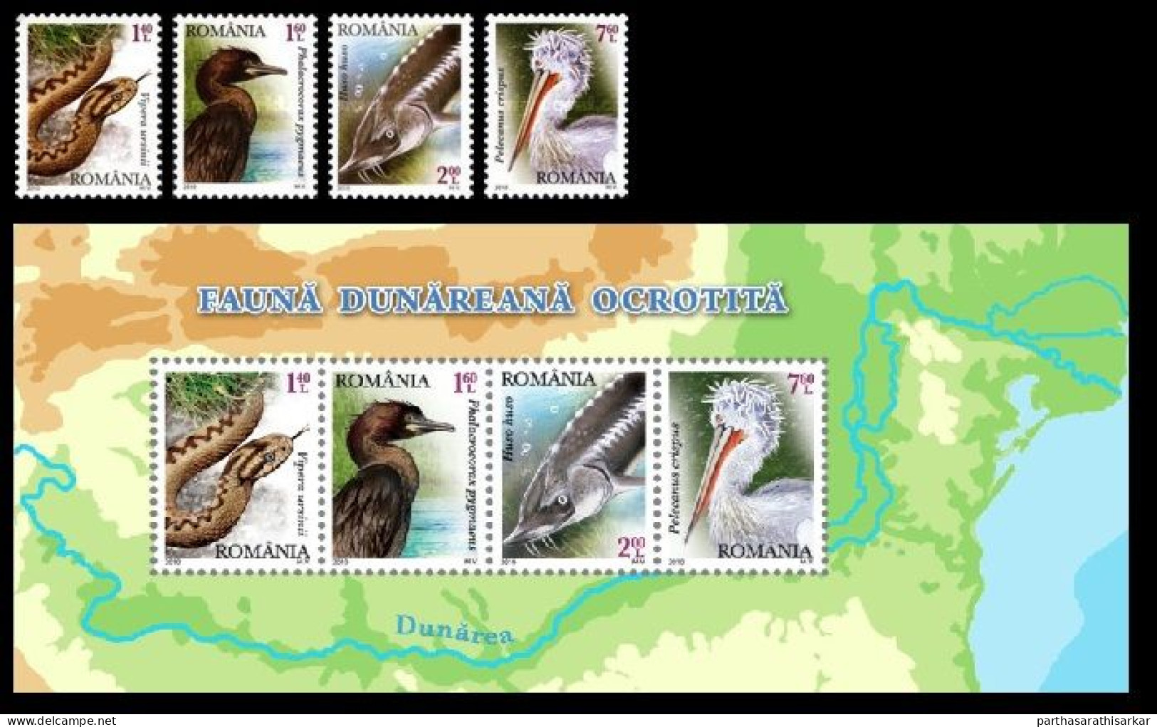 ROMANIA 2010 PROTECTED FAUNA OF THE DANUBE RIVER COMPLETE SET WITH MINIATURE SHEET MS MNH - Sonstige & Ohne Zuordnung