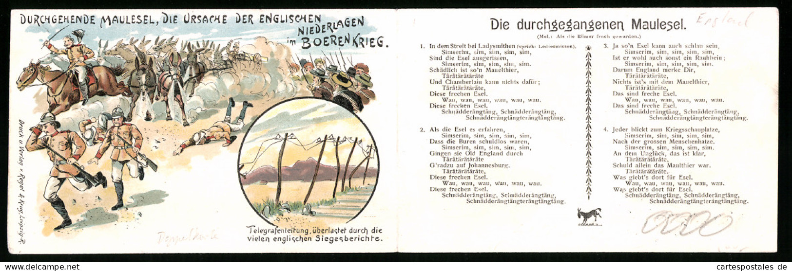 Klapp-Lithographie Die Durchgehenden Maulesel, Die Ursache Der Englischen Niederlage Im Boerenkrieg, Liedtext  - Guerres - Autres