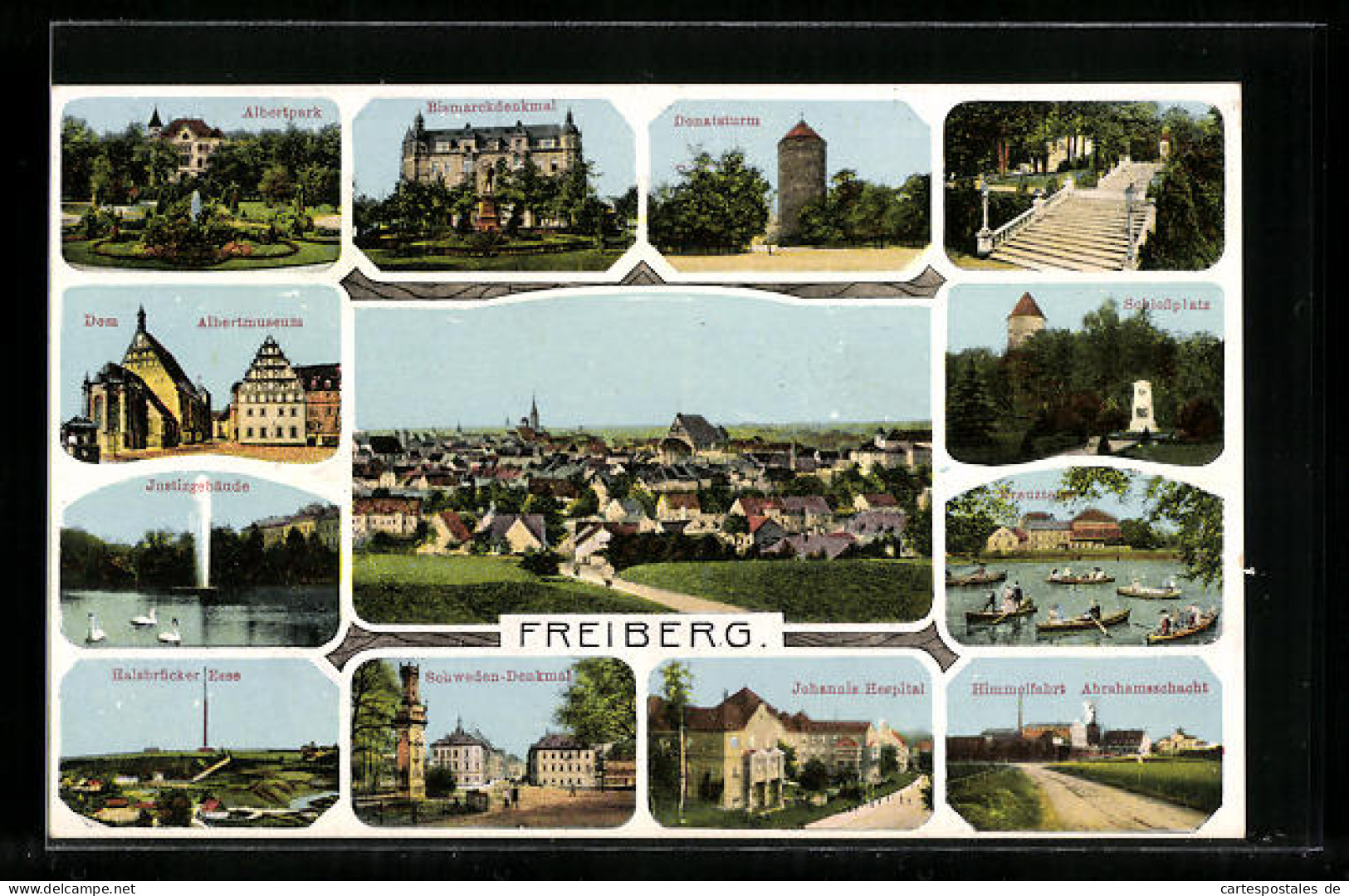 AK Freiberg, Albertpark, Bismarckdenkmal, Schlossplatz, Donatsturm  - Freiberg (Sachsen)