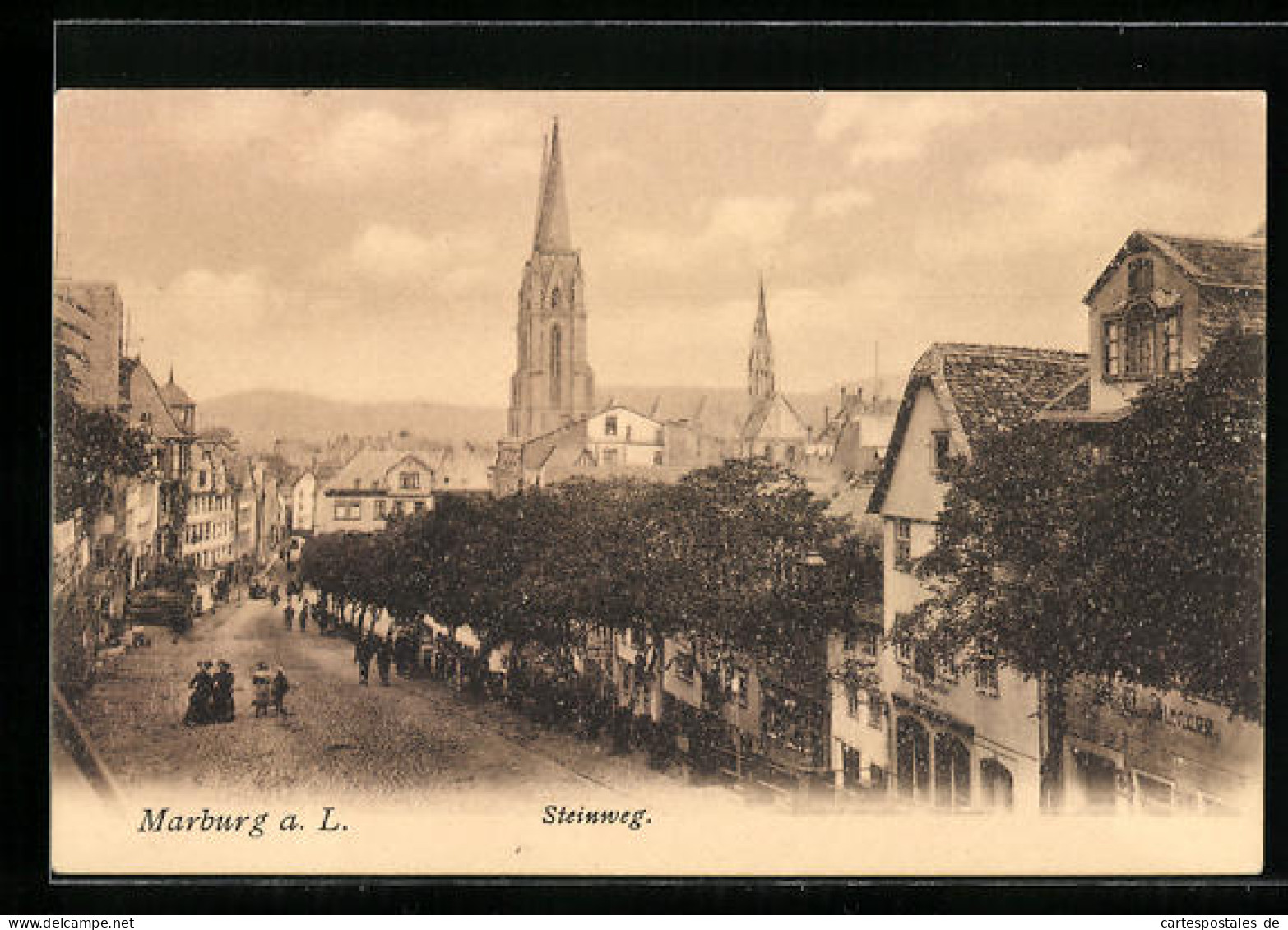 AK Marburg A. L., Der Steinweg Mit Kirche  - Marburg