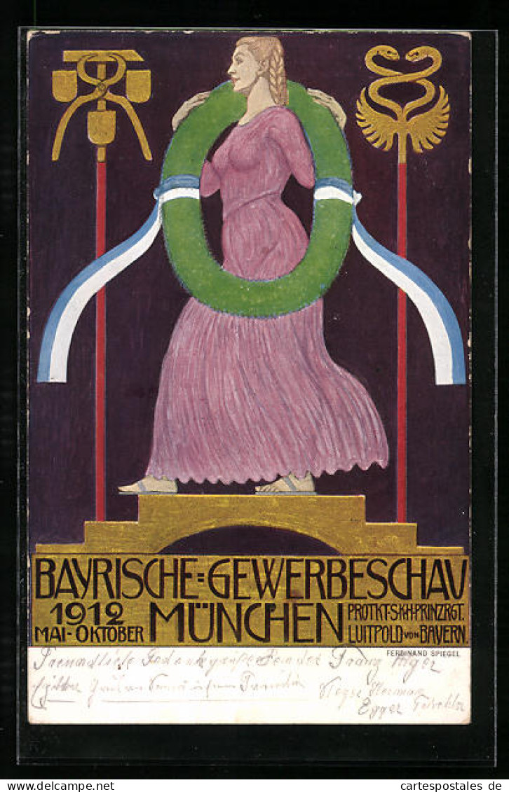 Künstler-AK Carl Moos: München, Bayrische-Gewerbeschau 1912, Maid Im Lila Kleid  - Ausstellungen